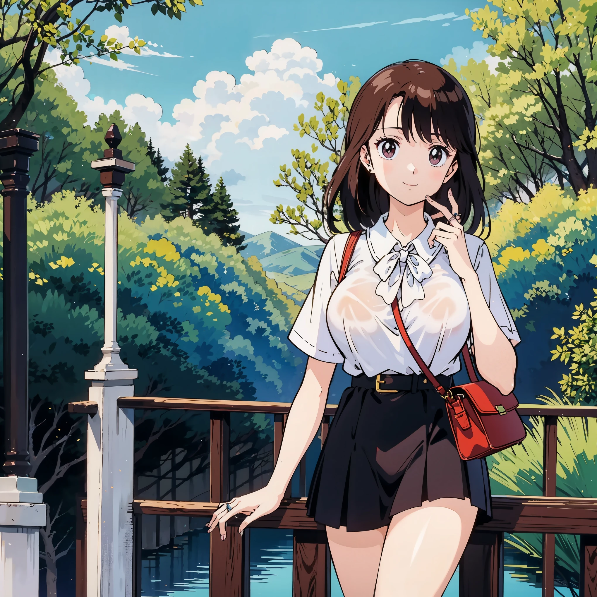 anime style)、(facial Beauty:1.4)、( Beauty、big boobs、beautiful breasts、erectile nipples)、colorful、 clean skin、(masterpiece:1.5)、(high resolution)、(Highest Quality)、(超high resolution)、 BREAK、full body、 standing、 Ring on left ring finger 、necklaces、 My hair、semi-long hair、Kurita Yuko、 BREAK、 BREAK、white pleated skirt、miniskirt、 attractive thighs、white soft short sleeve blouse with red bow tie、 WHITE RIBBON、skirt belt、 shoulder bag、 BREAK、smile、 outdoor nature-rich park 、