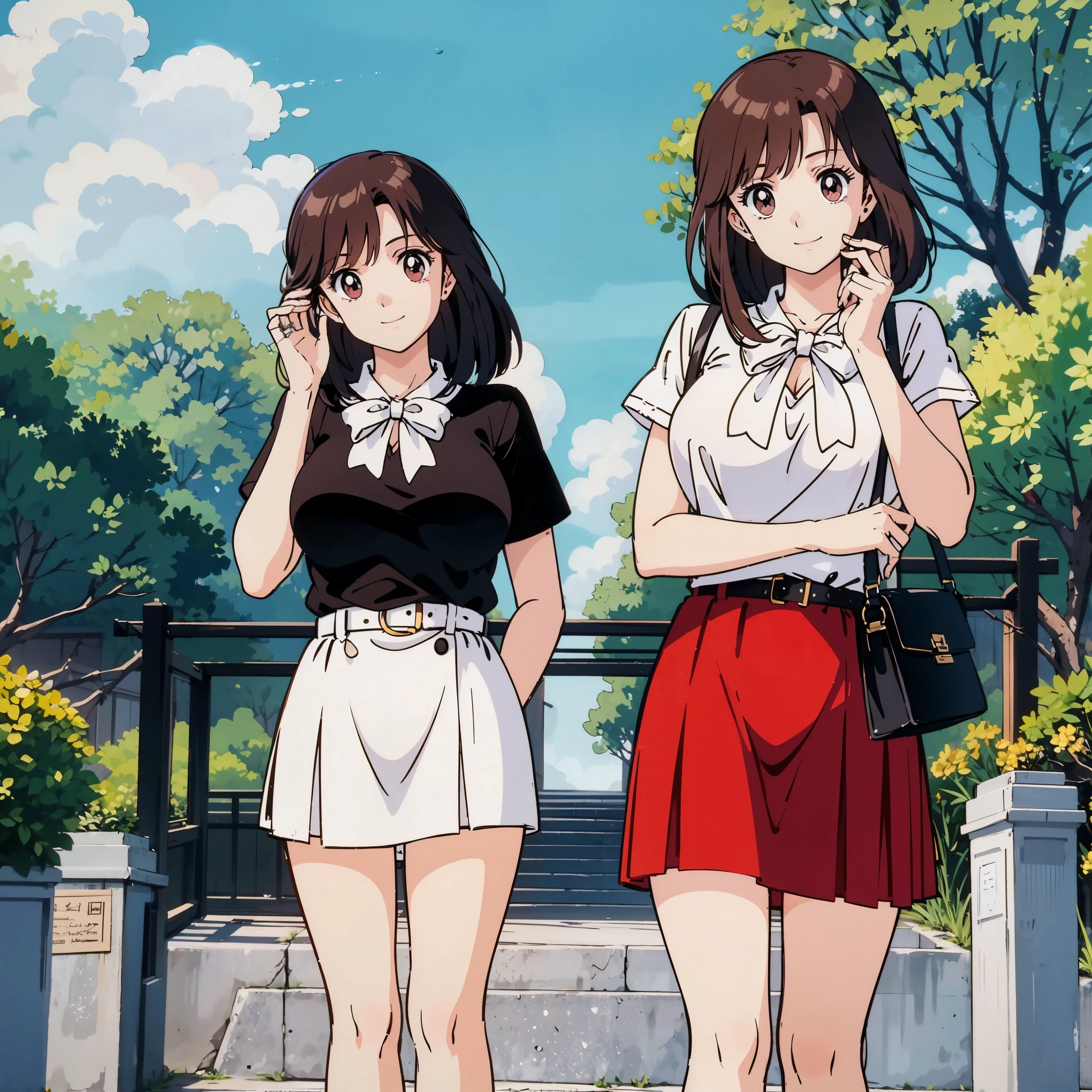 anime style)、(facial Beauty:1.4)、( Beauty、big boobs、beautiful breasts、erectile nipples)、colorful、 clean skin、(masterpiece:1.5)、(high resolution)、(Highest Quality)、(超high resolution)、 BREAK、full body、 standing、 Ring on left ring finger 、necklaces、 My hair、semi-long hair、Kurita Yuko、 BREAK、 BREAK、white pleated skirt、miniskirt、 attractive thighs、white soft short sleeve blouse with red bow tie、 WHITE RIBBON、skirt belt、 shoulder bag、 BREAK、smile、 outdoor nature-rich park 、