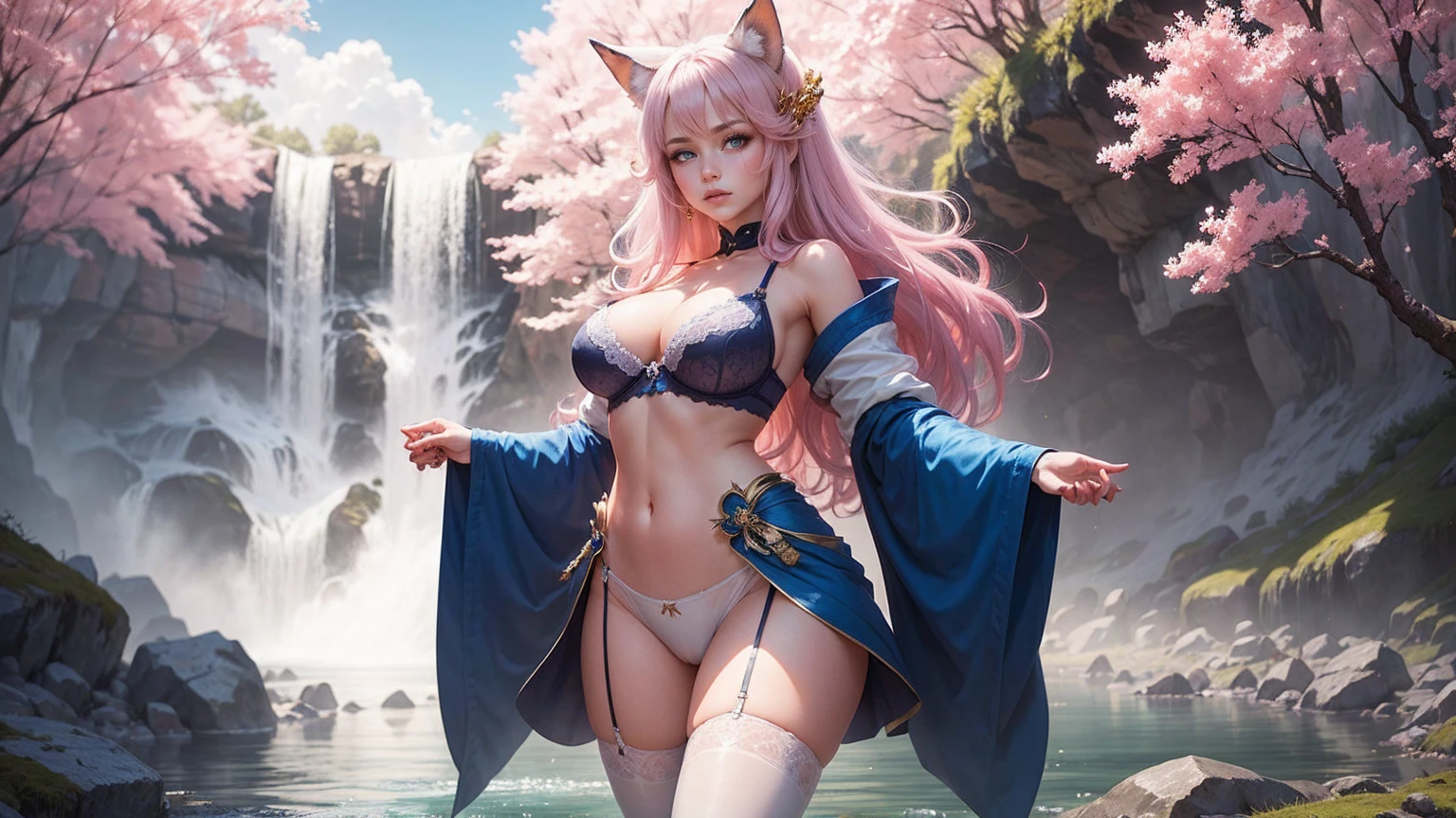 Ahri from the game League of Legends, in her spirit blossom skin, with her , belly and legs showing. Entering in a river with sakura trees around it.