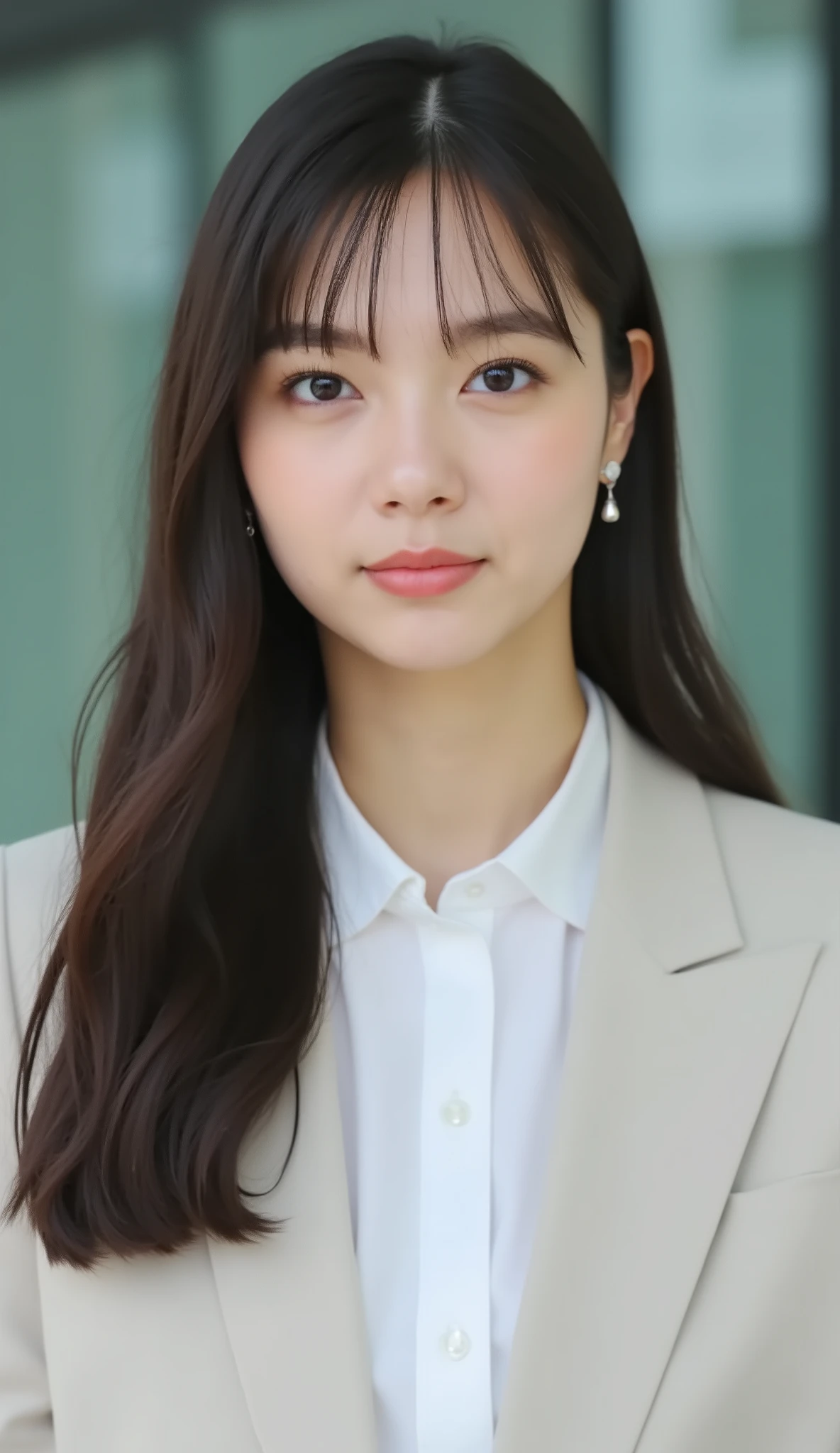 Neat Young Woman、looking at the camera、office lady suit、jacket、shirt、Ear piercings、 、無表情、face close-up、The background is office