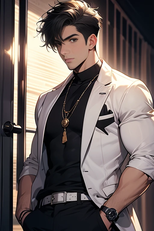 close-up on the face of a handsome and sensual young 18-year-old male, athletic body, spiky black hair, blue eyes with star-shaped pupils, white jacket with gold details, under the jacket, black pants with gold details. In the bedroom.