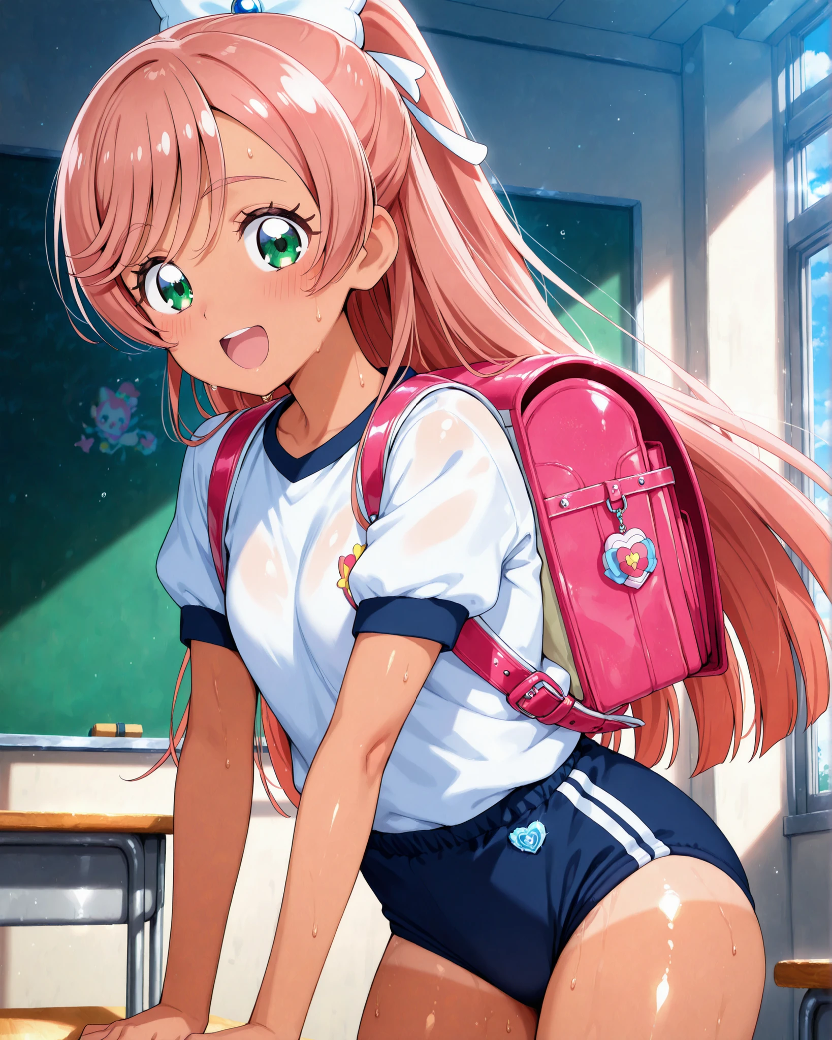 
(ultra-detailed),Nijigaoka Mashiro, magical girl,Hirogaru Sky Pretty Cure,precure,pink hair, very long hair, bangs, green eyes, 
incredibly detailed beautiful pupillary,eyebrows visible through hair,
bun hair, high ponytail, very long hair, hair ribbon, white ribbon, hair bow, bangs, Very long fringe,half updo,bangs flop to the side,hair between eyes,

(masterpiece),(best quality),high score,highres,incredibly absurdres,anime screencap,anime,shiny skin,,Balanced upper and lower body structure,

(masterpiece),(best quality),high score,highres,incredibly absurdres,anime,shiny skin,

Nijigaoka Mashiro, magical girl,Hirogaru Sky Pretty Cure,precure,

1girl, solo, 
 
looking at viewer, 

classroom, 

blush, smile, 
open mouth, 

buruma, navy buruma, thighs, 
randoseru, 

tanned skin, tan line, 


sweat,
dynamic pose, 
