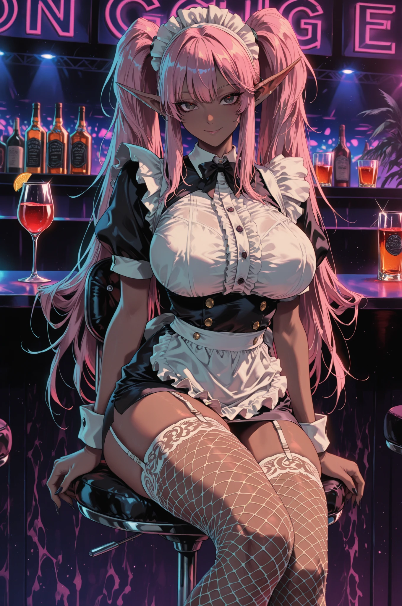 Highest Quality, ​masterpiece, beautifully detailed eyes, (dark skin), short Blonde Hair, Gradient Hair, pink highlights in hair, ?????????????, sitting, makeup, glossy lips, full lips, in a bar, in a club, light smile, blush, (view from side), corset, thigh highs, choker