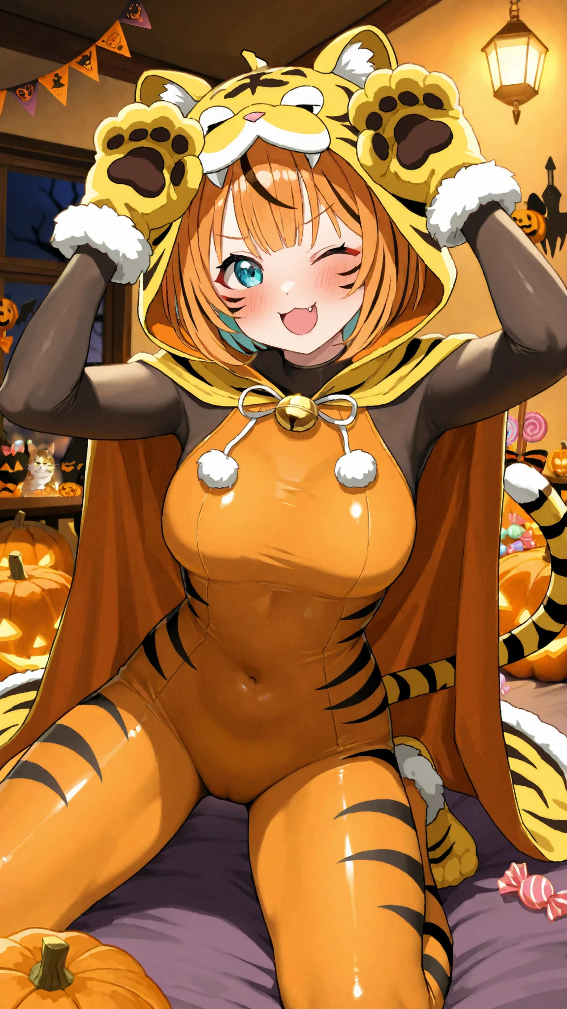Highest Quality, Masterpiece, high resolution, Girl in tiger cosplay, Cute Tiger Hooded Cape, Playful expression, 「ー」Pose, tiger gloves, Furi Furi Tail, Orange and Black Bodysuit, Cat makeup, Wink, Halloween Party Venue, Pumpkin and Candy Decor, With friends, Indoors at Night, warm lighting, fun atmosphere, laughter, seasonal composition