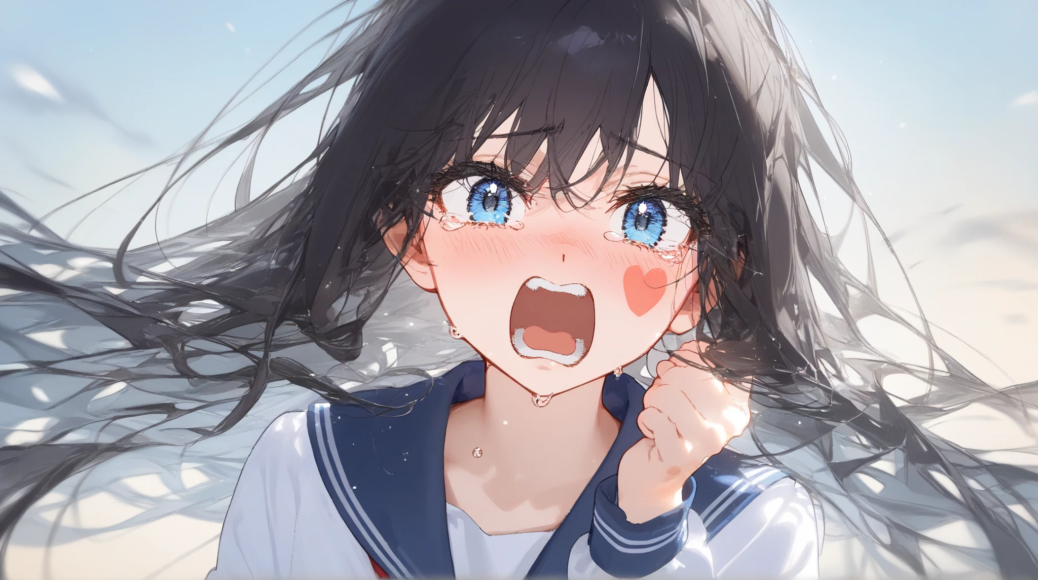masterpiece , best quality , color , lineart , face close-up , 1 girl , solo , 20 years old , flat , long hair , black hair , bangs , short sleeve , white tshirts , long pants , jeans , (furious:1.5), standing , fight , open eyes , looking at viewer , open mouth , from front , bedroom , simple backqround ,