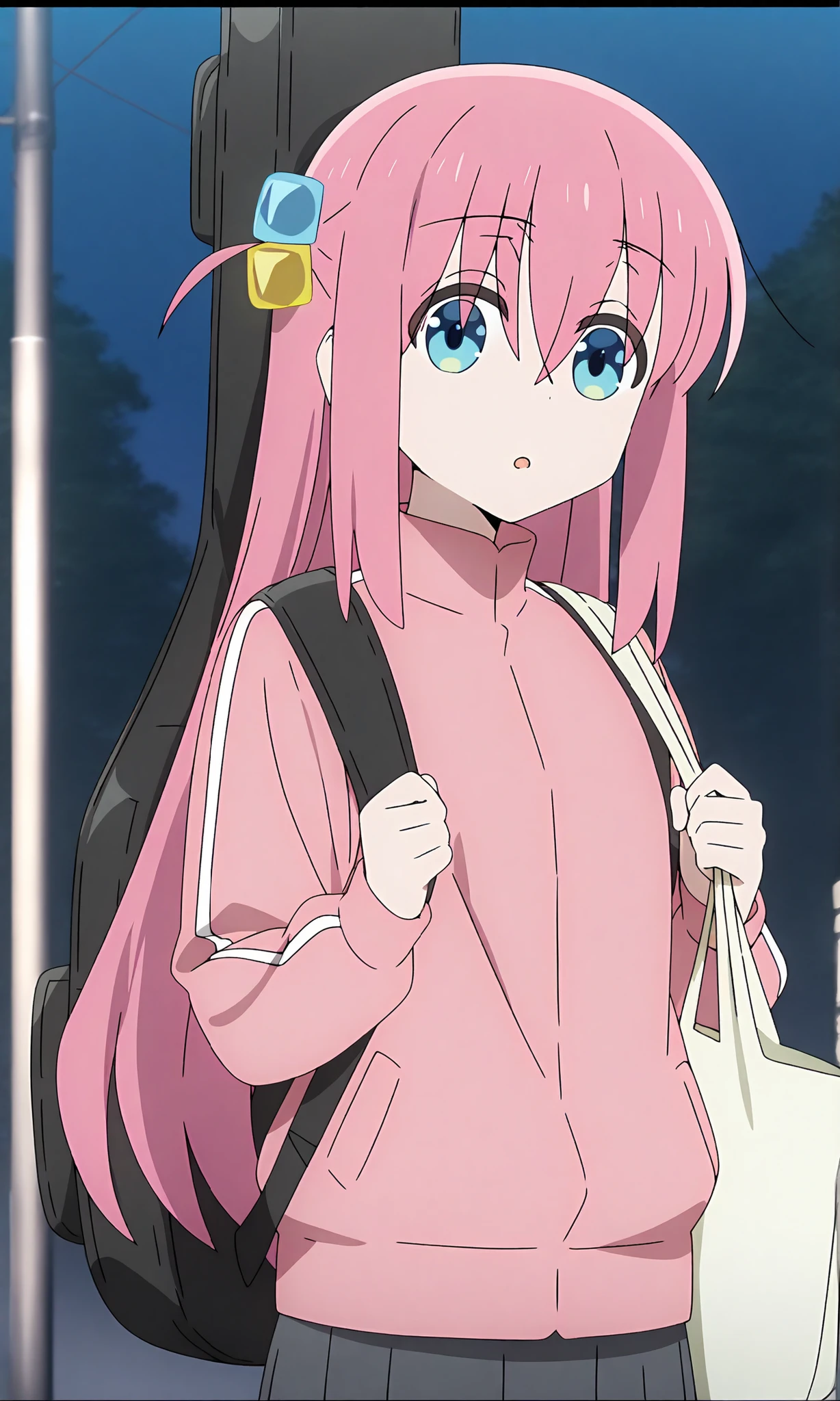 anime coloring, (anime screencap) masterpiece, detailed face, <lora:Bocchi-20:0.9>Bocchi, cube hair ornament, hair ornament, pink jacket, solo, pink hair, jacket, track jacket, long hair, blue eyes, holding, hair between eyes, looking at viewer, bag, bangs, one side up, blurry background, skirt, long sleeves, open mouth, blurry, pleated skirt, outdoors, night, backpack, pants, instrument case, track pants, grey skirt, standing, :o, parted lips, very long hair, upper body, hair over eyes, pants under skirt, depth of field, cowboy shot, guitar case
