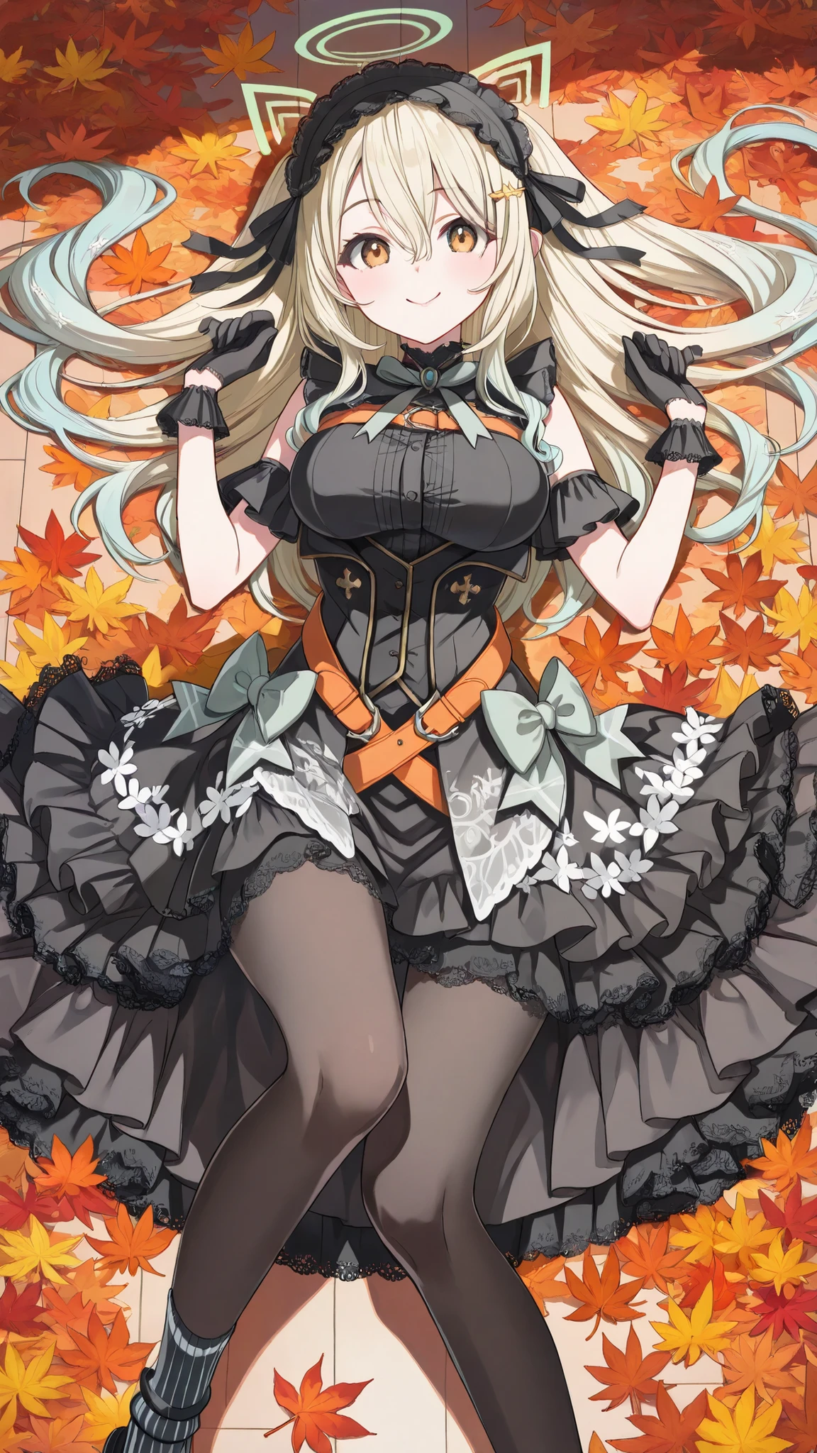 detailed background, focusing on radiant skin, Autumn maple leaves,   completion, Smile Yan, elegant and eye-catching gothic holiday dress,black corset with lace details, shoulders are exposed,  wrist-length black gloves, orange and black ruffles decorated with orange and black flowers. 彼女はwearing a wide orange belt tied with a ribbon, black fishnet tights and black striped socks, she wears a headband adorned with orange flowers.  her outfit is full of autumn details, Between dead leaves, The marigold flower and、different shades of orange and gold. I'm lying on my back on the floor,  she is surrounded by autumn flowers and leaves.  she has slightly bent legs,  the other is stretched out to the side, wearing a wide orange belt tied with a ribbon. 表情はSmile Yanでちょっと挑発的です, looking directly at the viewer. 