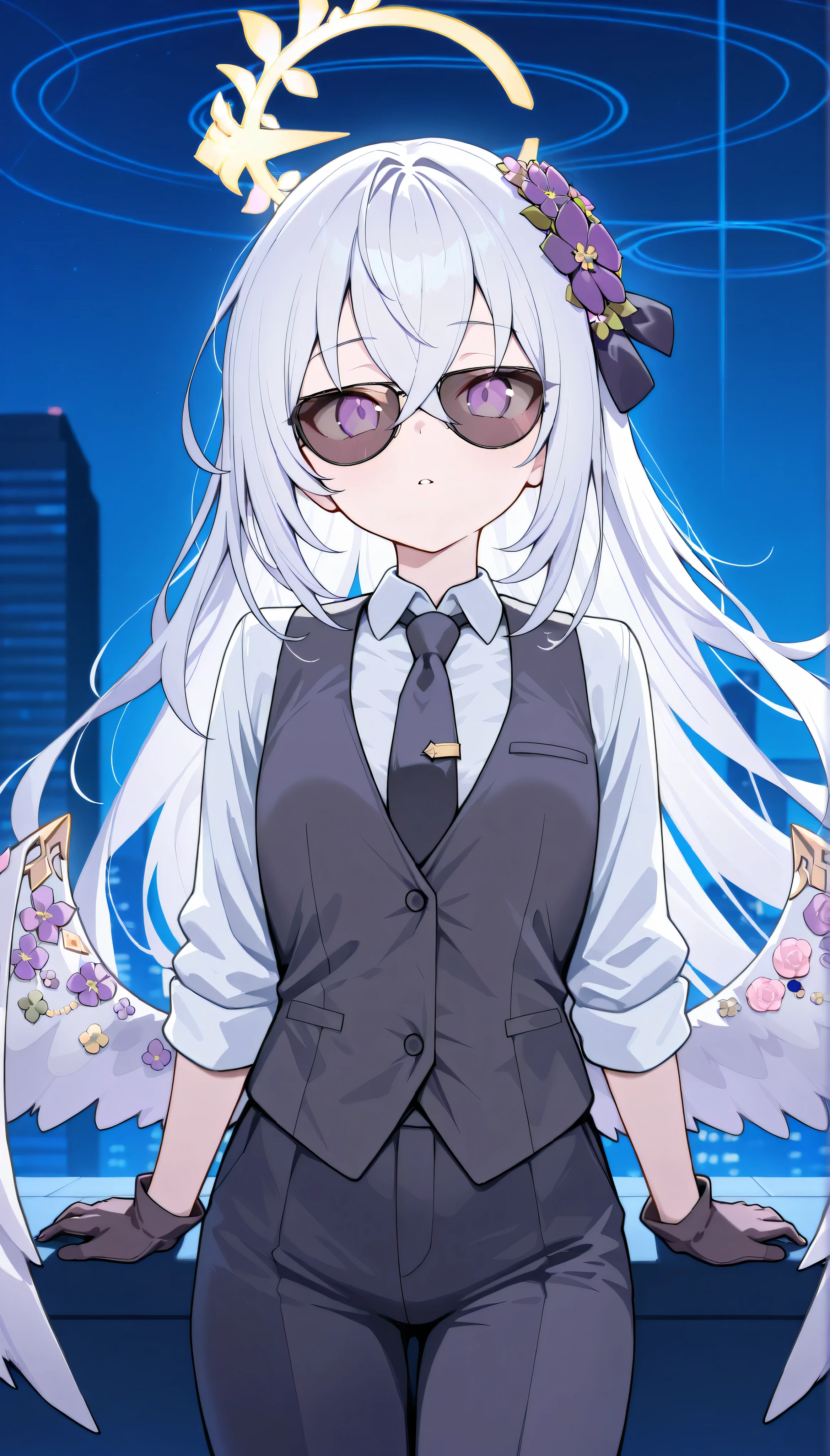 azusa (blue archive),purple eyes,white hair,long hair,wings,hair flower,halo, solo, I can see my eyebrows from the inside of my hair, hair between eyes, masterpiece, Best Quality, very aesthetic, mafi4,necktie, gloves, suit, shirt, slacks, vest, outdoor, city, in the night, sunglasses,