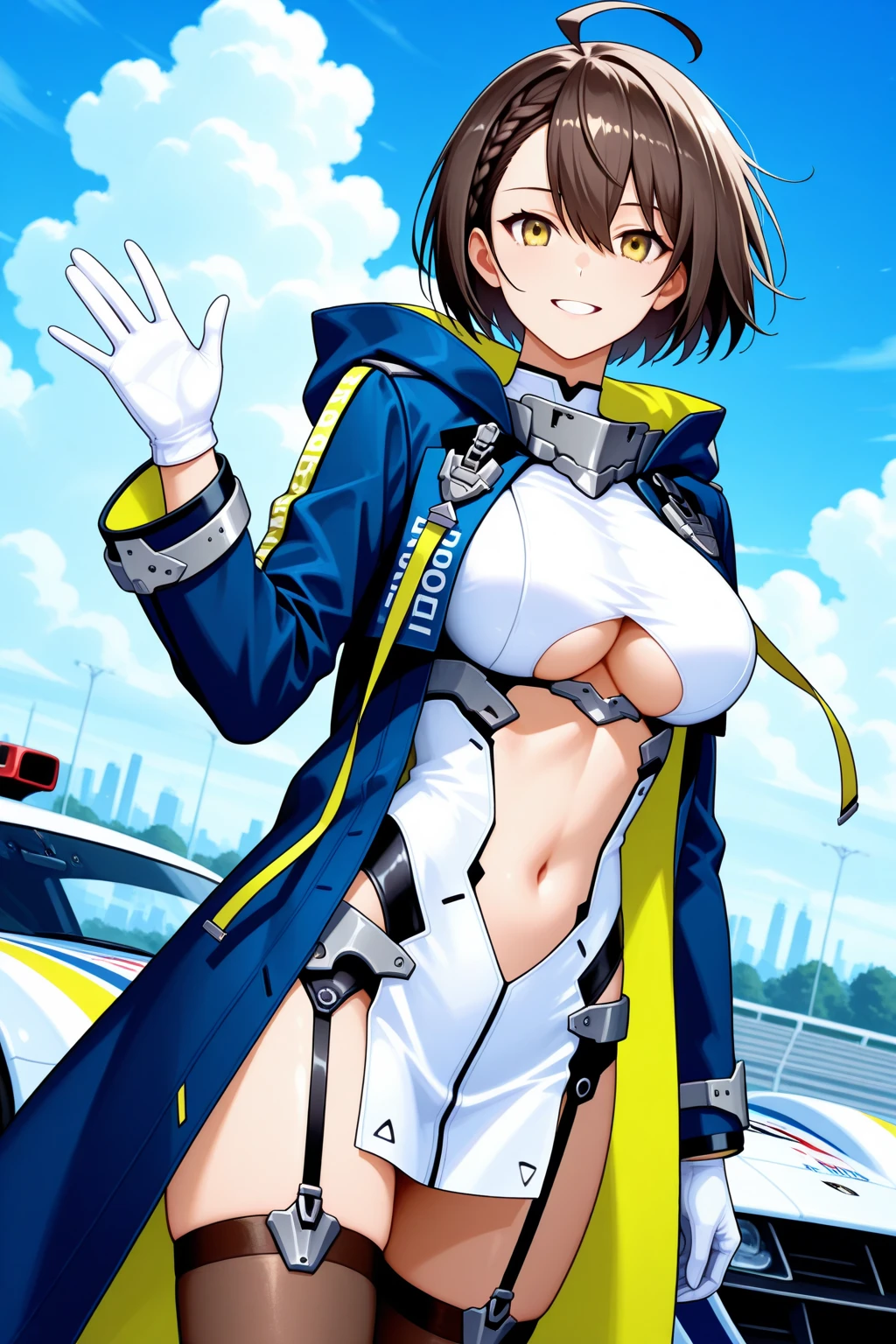masterpiece, best quality, highres, aabalti, short hair, ahoge, french braid, hooded coat, blue coat, open coat, underboob cutout, center opening, long sleeves, white gloves, garter straps, pelvic curtain, thighhighs, <lora:baltimore_v1:0.7>, cowboy shot, standing, outdoors, smile