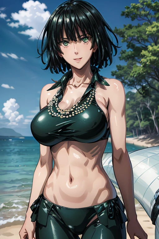 （（（masterpiece、Highest image quality、highest quality、highly detailed unity 8ｋwallpaper）））、（（Illustration of one girl））、（（（beautiful girl）））、（（green hair、very short hair：1.７、sidelocks、purple eyes））、（stocky build, thickset physique, muscular legs：1.5, broad shoulders, solid ?????：1.6）、swimsuit、sandy beach