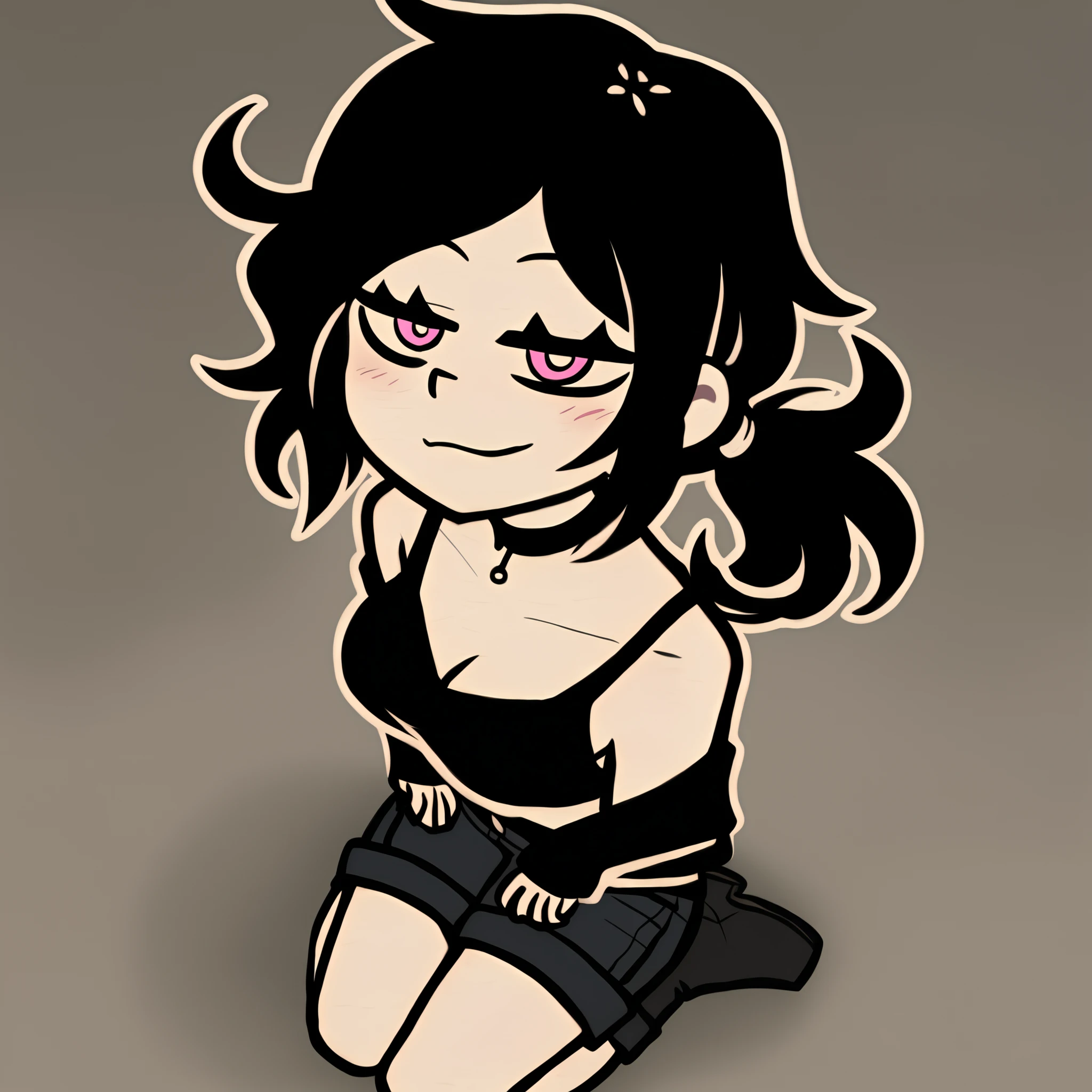 score_9,score_8,score_7,by nemlei,the coffin of andy and leyley,
1girl,ashley graves,black hair,pink eyes,ponytail,medium breasts,messy hair,
black shirt,bra strap,black choker,shorts,boots,long sleeves,black shorts,bare shoulders,collarbone,
expressionless,blush,smile,smug,
kneeling,from above,seiza,
looking at viewer,
simple background,gradient background,grey background,bedroom,bed,
pov,
<lora:ponyxl-the_coffin_of_andy_and_leyley-style-v03:1>
<lora:ponyxl-all_the_way_to_the_base-concept-v01:1>