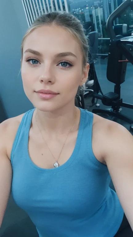 taken with the iPhone camera BREAK selfie in full shot of a pretty young woman BREAK pink blonde BREAK film grain, calidad media, fitness in a gym