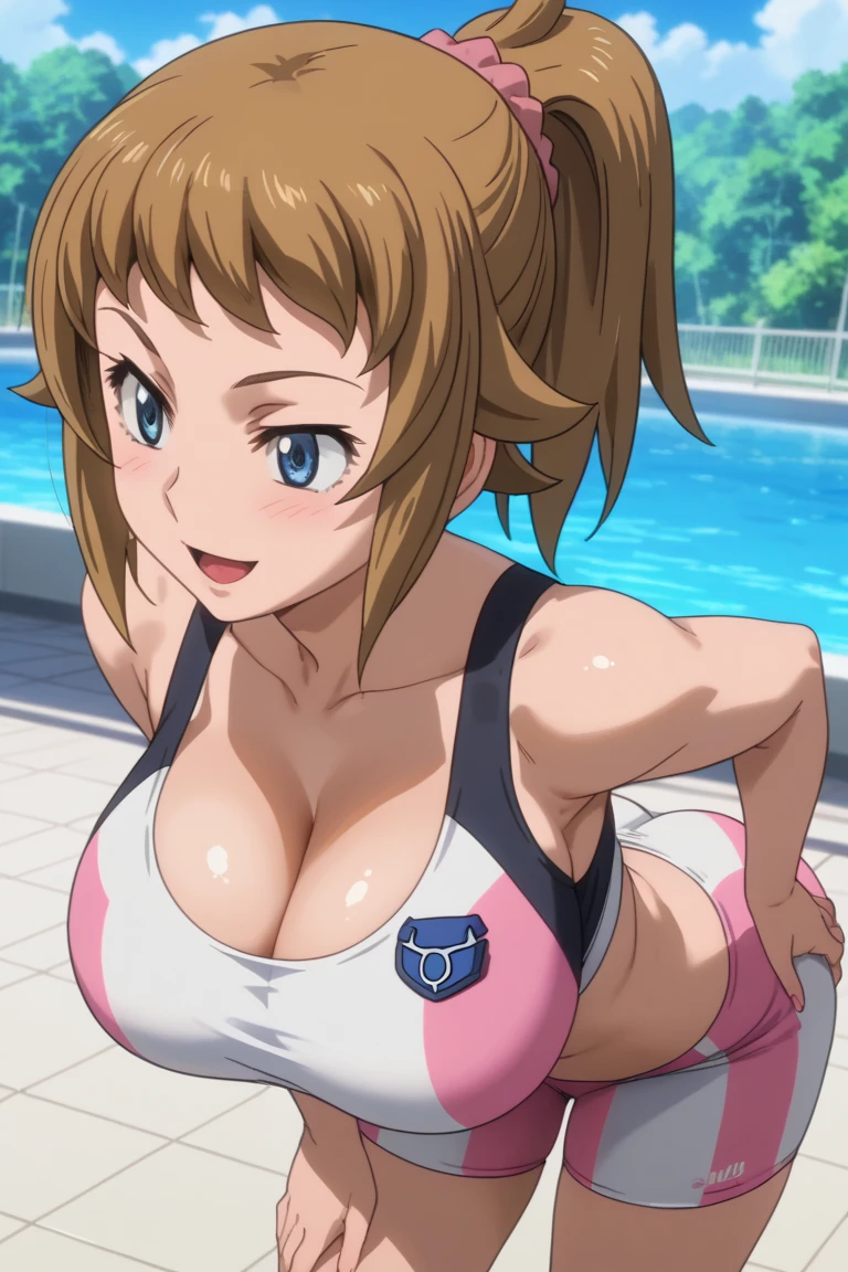 Ultra High Quality, super high precision, ultra high detail, Super cute swimmer, Come-from-behind victory, Cleavage of, Competitive swimsuit, Competition pool, Blurry audience, blessings