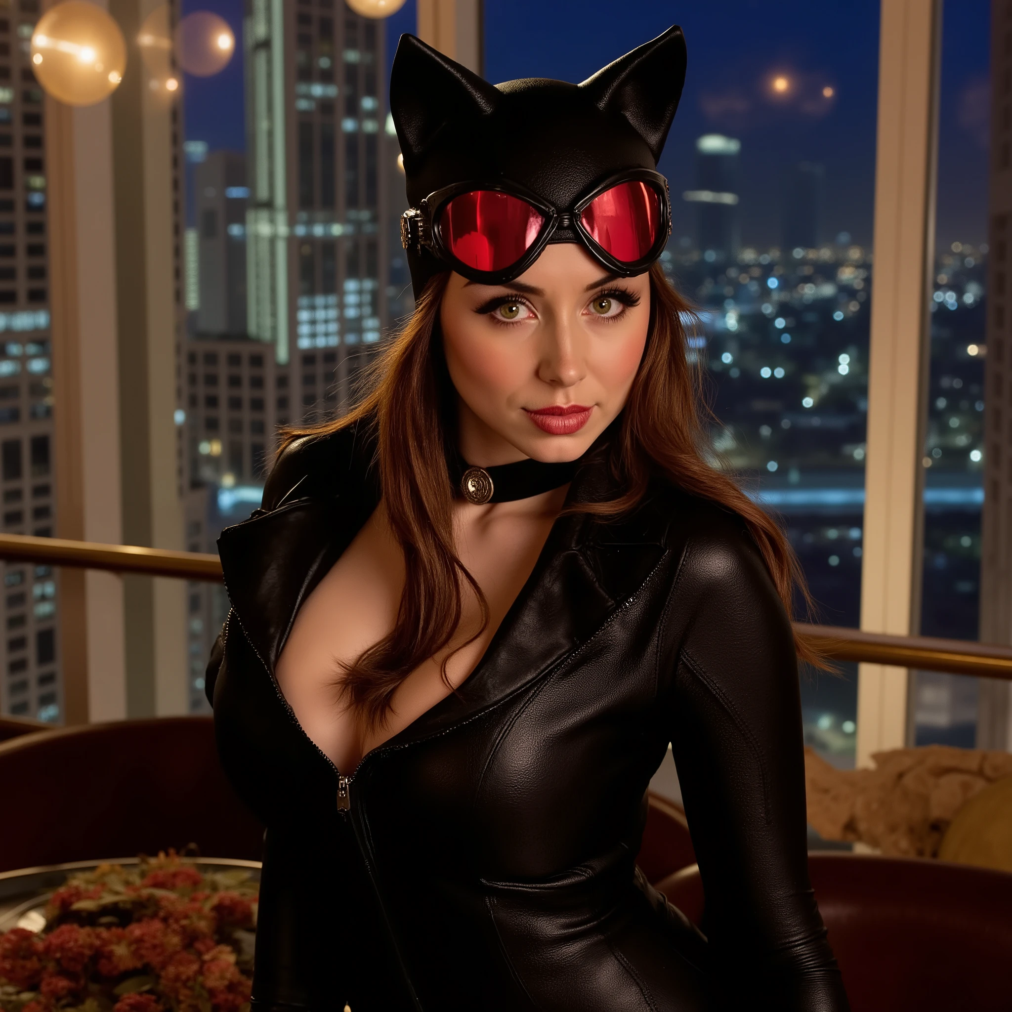 looking at the viewer, Ana De Armas, a woman with dressed as catwoman in a black catsuit, tainted red googles on the head, long brown hair peaking out through the catsuit, posing seductively in a luxurious hotel apartment in a night city