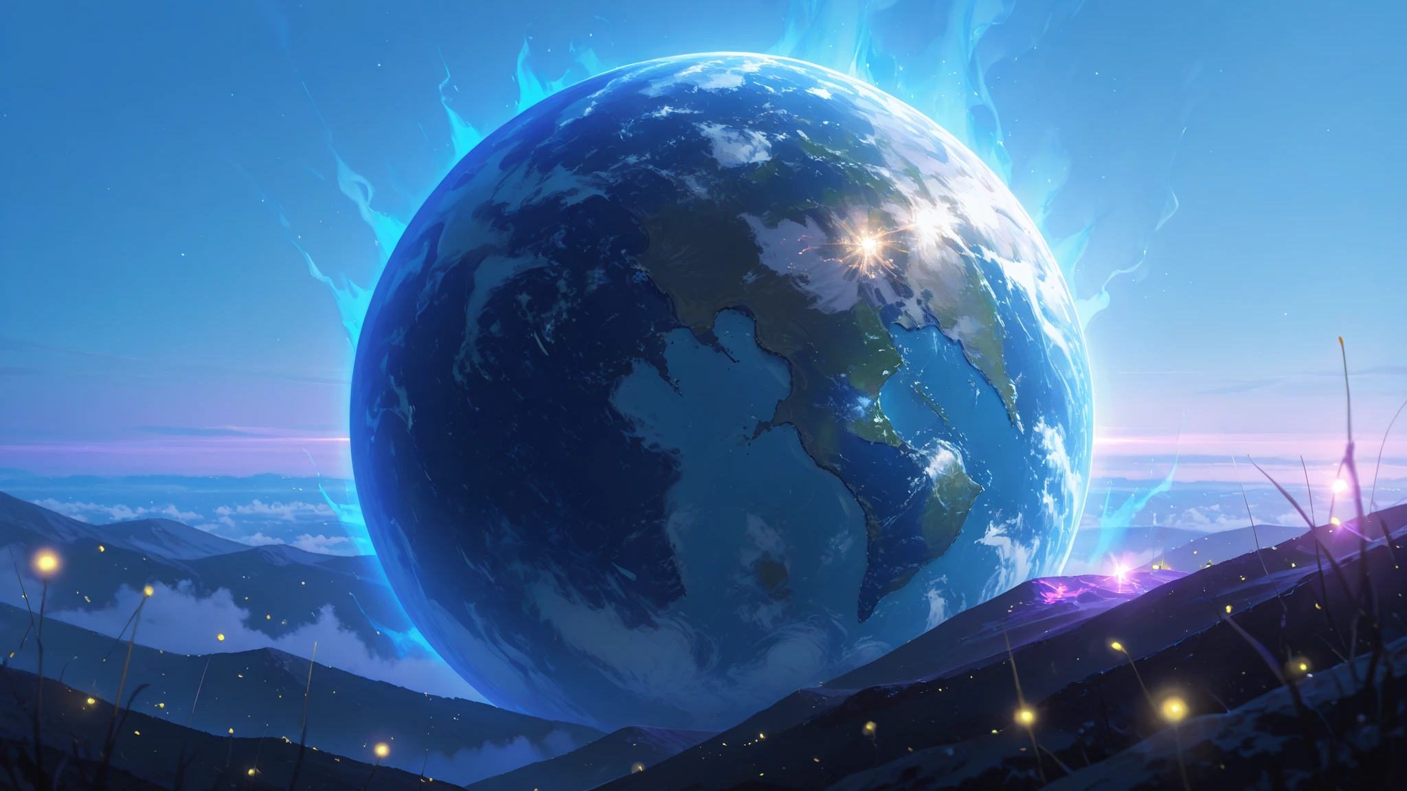 masterpiece, best quality, light particle, depth of field, fantasy, scenery, far away, no humans, blue light, pastel colors, chromatic aberration abuse, blue aura, aura, cinematic, atmosphere, purple light, illumination, (lens flare abuse:0.7), (earth:1.2) , fireflies, , (earth \(planet\):1.2), blue sky