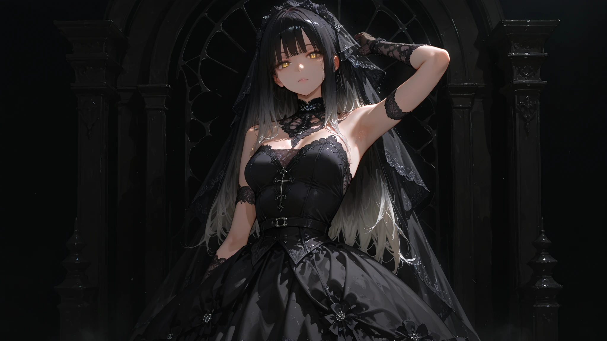 top quality , masterpiece, 748cm style , 1 girl, , viewers, , gradient hair, black hair, long hair, yellow eyes , gothic dress, black dress, gothic veil, lace gloves, bridal veil, shoulder, looking at viewer, dark background, perfect waist, standing, eyelevel shots, lace gloves, lace shoulders, armpits 