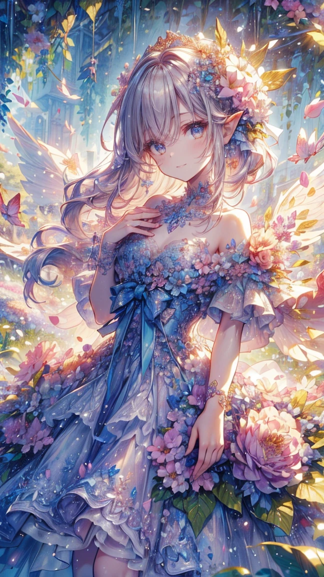 1girl,light brown color medium length hair,blue eyes,kind smile,medium breasts,bioluminescent dress,butterfly dress,dark background,cowboy shot,