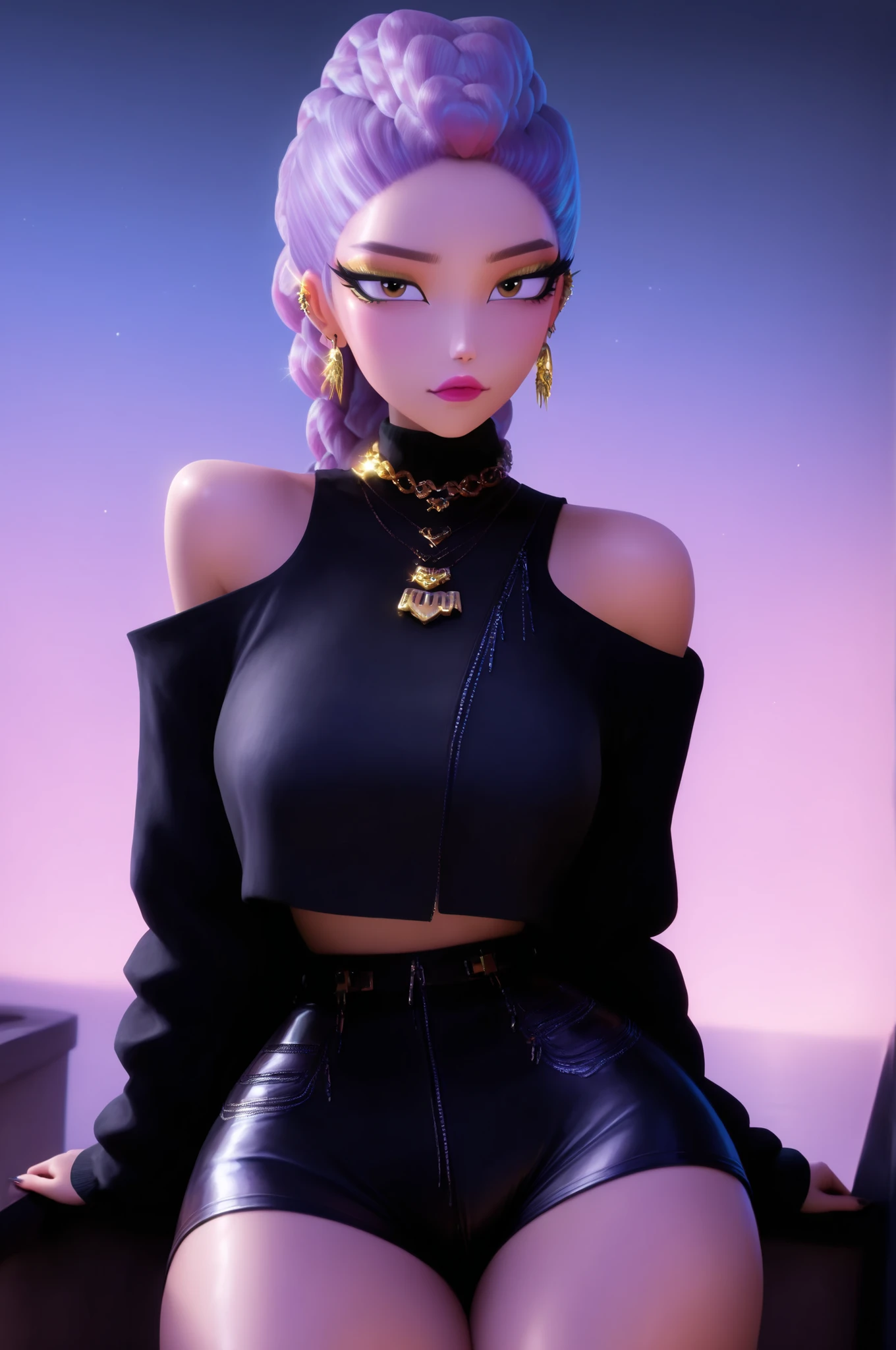 girl, alone, beautiful girl, long black rice, Rumi (k-pop, demon hunters) Rum1KP0P, long hair, vibrant purple hair, braided hair, brown eyes, big anime eyes, golden eyeshadow, tall, 3d, 1 girl, solo, dynamic pose, turtleneck sweater top, textured neon top, bare shoulders, high black tiny shorts, golden necklace, elegant earrings, cameltoe, makeup, cute, glossy pink lips, eye shine, manicure, huge breasts, dynamic neon lights, wide sexy hips, perfect face, ((Rum1KP0P)), looking at viewer, cozy warm, detailed background, abstract paintings, cute , night, (8 k, ultra-high quality, detailed, high quality, editor, ((correct anatomy)), 8 k),fullbody