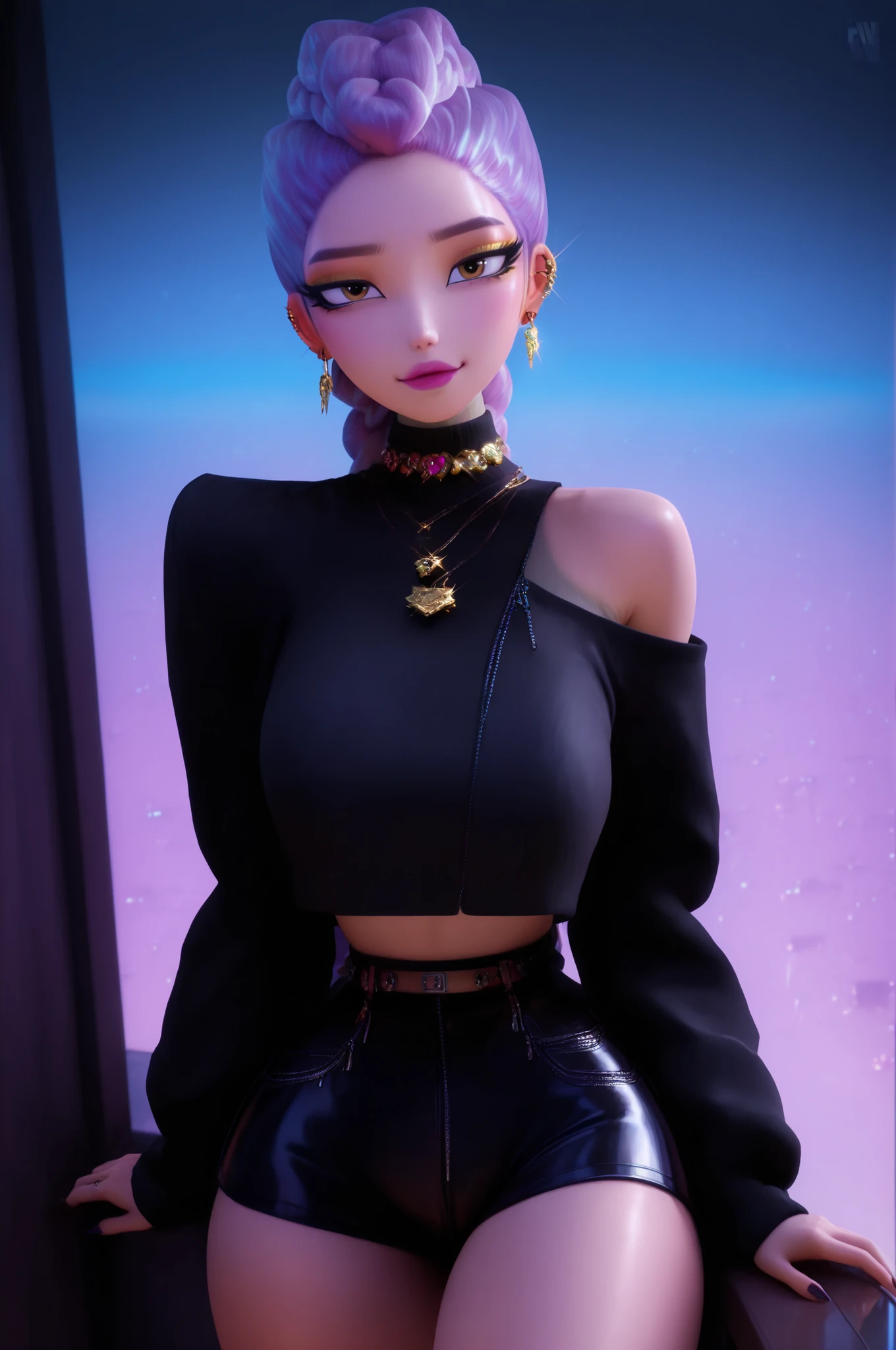 girl, alone, beautiful girl, long black rice, Rumi (k-pop, demon hunters) Rum1KP0P, long hair, vibrant purple hair, braided hair, brown eyes, big anime eyes, golden eyeshadow, tall, 3d, 1 girl, solo, dynamic pose, turtleneck sweater top, textured neon top, bare shoulders, high black tiny shorts, golden necklace, elegant earrings, cameltoe, makeup, cute, glossy pink lips, eye shine, manicure, huge breasts, dynamic neon lights, wide sexy hips, perfect face, ((Rum1KP0P)), looking at viewer, cozy warm, detailed background, abstract paintings, cute , night, (8 k, ultra-high quality, detailed, high quality, editor, ((correct anatomy)), 8 k),fullbody