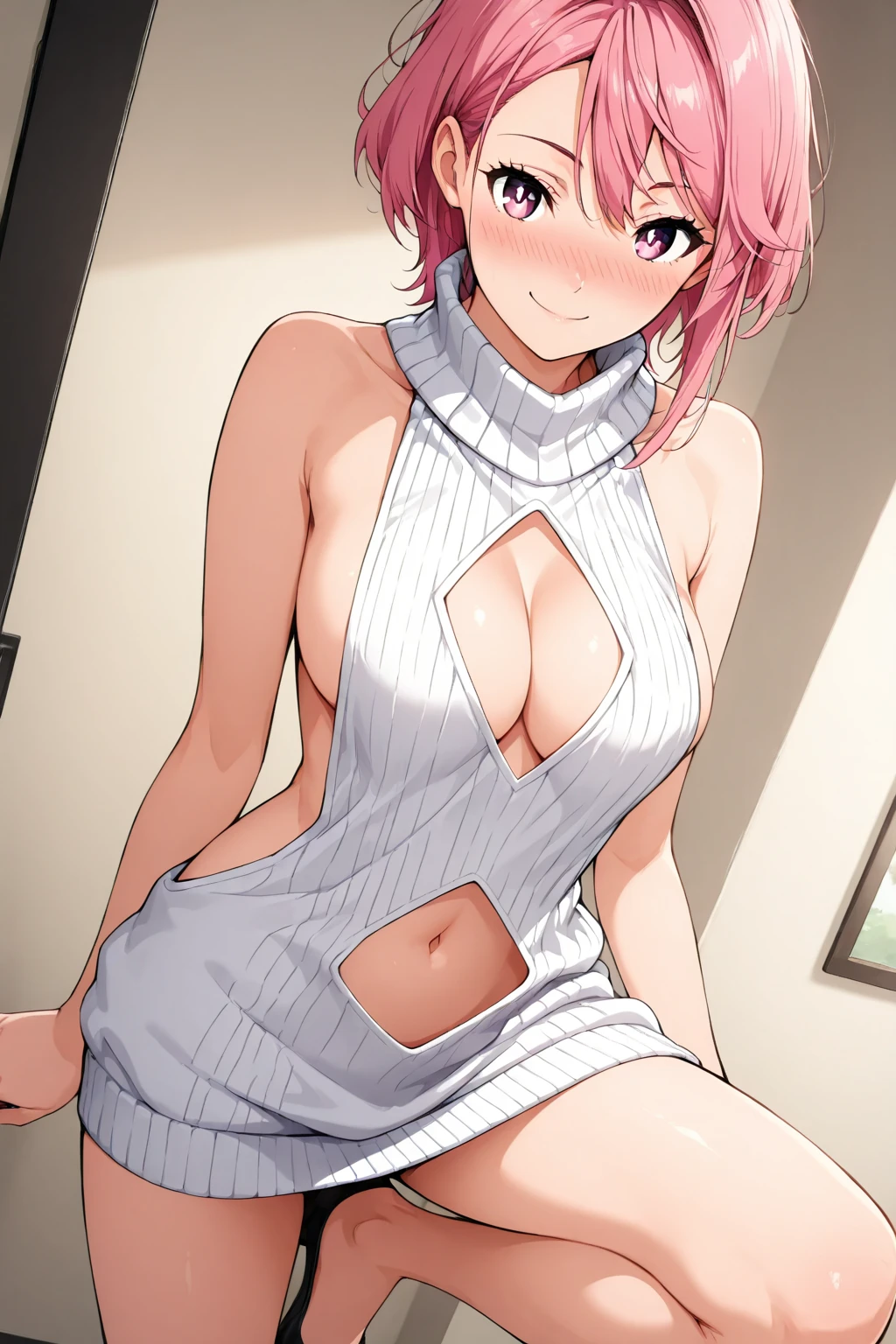 Solo, Standing on a Street Corner, Girl, White Leotard, Short Cut, Pink Hair, Smile, Double Teeth, Shy Face, Blushing, (Delicate Illustration: 1.4), (Renaissance Art: 1.4), (Masterpiece: 1.0), (Best Quality: 1.4), (Ultra High Resolution: 1.2), (Photorealistic: 1.4), (8k, RAW Photo: 1.2), (Soft Focus: 1.4), (18 years old: 1.3) , (Sharp Focus: 1.4), detailed beautiful face, wet leotard, leotard sticking to skin, sheer, navel, , 