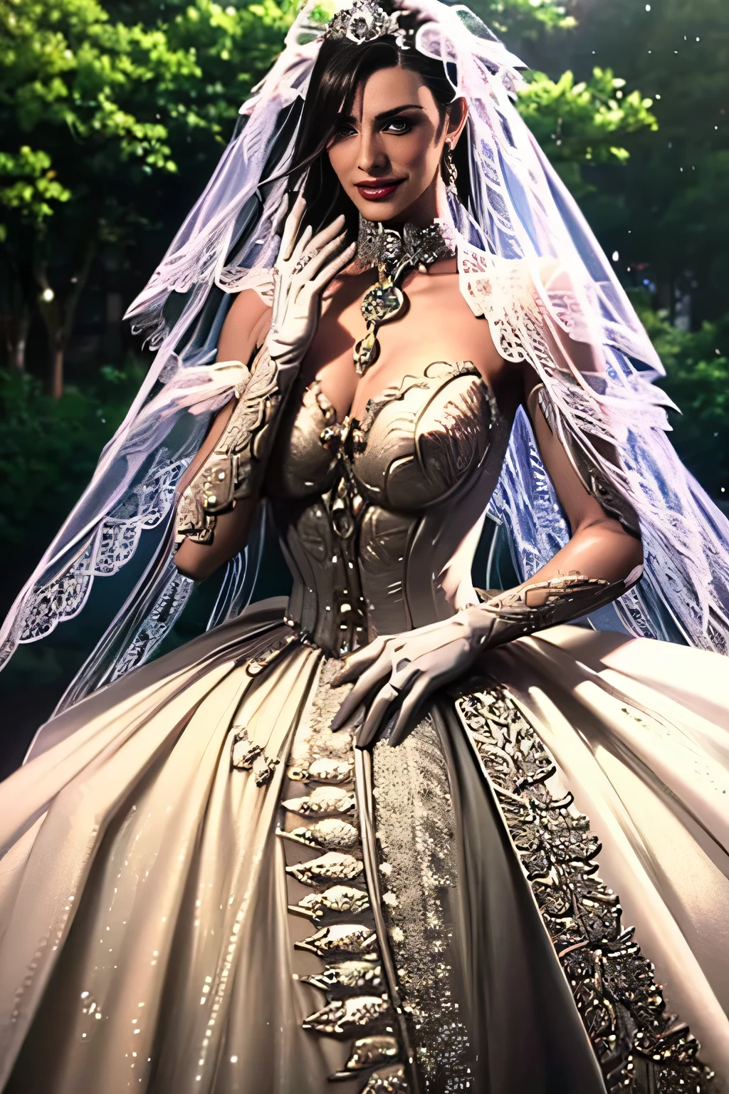 1girl, solo,Hela marvel, crown,earrings ,lipstick, eye shadow, makeup, hair between eyes, ahoge, hair ornament, gloves, dress, cleavage,  shoulders, collarbone, white oprea gloves, white gloves, white dress, strapless, white choker, tiara, veil, strapless dress, wedding dress, bridal veil, beautiful woman, perfect body, perfect , wearing a wedding dress, ball gown, in the park trees, wedding decorations, looking at the viewer,  smile, realism, masterpiece, textured skin, super detail, high detail, high quality, best quality, 1080p, black hair, see-through bridal veil, high heels, extremely poofy wedding dress filled with white poofy petticoats hidden beneath the massive skirt of her wedding dress