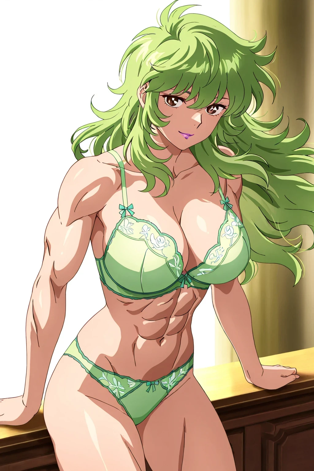 score 9、score 8 up、score 7 up、source anime、傑作、best quality、best resolution、best image quality、anime coloring、official anime style、1woman、shaina、seductive anime woman、solo、green Hair、 brown eyes、 floating hair、make up、messy hair、lipstick、Nihilistic smile、light smile、green underwear、green bra、green panty、green lingerie、big breasts、large breast、cleavage、very large breasts、large boobs、large tits、navel、midriff、stomach、collarbone、abs、biceps、biceps long head、biceps short head、triceps、triceps medial head、triceps long head、triceps lateral head、trapezius、deltoids、anterior deltoids、middle deltoids、posterior deltoids、thigh muscles、semitendinosus muscles、hamstrings、adductor magnus muscles、strong muscles、very tall woman、toned body、muscular lady、muscular and strong、official anime artwork、sexy bra、sexy panty、sexy lingerie、attractive anime woman、(anime woman)、anime woman、anime sexy woman、17 years old、anime best woman、lewd anime woman、official anime art、anime seductive woman、anime beautiful woman、anime wild woman、high quality animeart、bra with an purple、bare shoulders、bare arms、bare crotch、bare thighs、bare legs、panty with an green、lingerie with an green、looking at viewer、cowboy shot、female focus、bra and panty only、