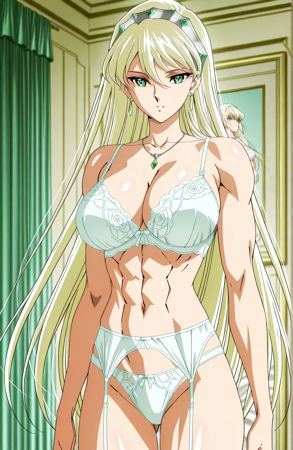 score 9 、score 8 up、score 7 up、source anime、傑作、best quality、best resolution、best image quality、anime coloring、1woman、katya、cool beauty、long hair anime woman is wearing a white lingerie、solo、portrait of a beautiful anime style、anime beautiful woman、official anime style、portrait of a anime woman、elegant anime woman、elegance anime woman、huge breasts、cleavage、very large breasts、large boobs、large tits、collarbone、midriff、abs、stomach、brachioradialis、biceps、biceps long head、biceps short head、triceps、triceps medial head、triceps long head、triceps lateral head、deltoids、anterior deltoids、middle deltoids、posterior deltoids、thigh muscles、semitendinosus muscles、hamstrings、adductor magnus muscles、17 years old、blonde hair、Hair between the eyes、睫毛、very long hair、green eyes、jewelry necklace、jewelry earrings、black hairband、outfit:white bra、portrait of a anime woman、elegant atmosphere、elegance atmosphere、woman is wearing a white panty、white garter belt、white lingerie、anime female character、cool anime woman、very tall womam、elegant bra、elegant panty、elegant lingerie、elegant underwear、bra with an white、panty with an white、lingerie with an white、toned body、bare shoulders、bare arms、bare crotch、bare thighs、bare legs、bra and panty only with garter belt、attractive anime woman、portrait of a anime woman、portrait of a detailed anime woman、anime screencap、anime screenshot、portrait of a anime woman、portrait of a anime woman、looking at viewer、cowboy shot、female focus、indoors、rocker room、