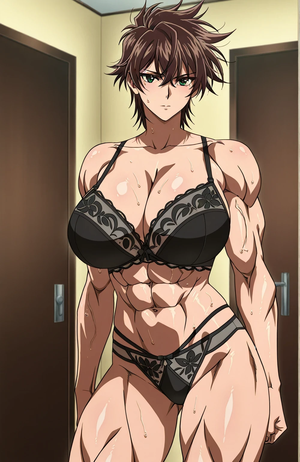 score 9 、score 8 up、score 7 up、source anime、傑作、best quality、best resolution、best image quality、anime coloring、1woman、 Erda、brave woman、愚かな、solo、筋肉質の!!、official anime style、筋肉質の!、anime cool woman、muscular woman、work out、seductive anime woman、huge breasts、cleavage、very large breasts、large boobs、large tits、collarbone、trapezius、midriff、abs、stomach、brachioradialis、biceps、biceps long head、biceps short head、triceps、triceps medial head、triceps long head、triceps lateral head、deltoids、anterior deltoids、middle deltoids、posterior deltoids、thigh muscles、semitendinosus、hamstrings、adductor magnus muscles、Muscle sweat、17 years old、dark brown hair、short hair、Hair between the eyes、green eyes、messy hair、spiked hair、portrait of a woman、brave atmosphere、brave atmosphere、outfit:black bra、black lingerie、very tall womam、woman is wearing a black panty、IGモデル | ArtGermは、cool underwear、bra with an black、panty with an black、lingerie with an black、strong muscles、attractive anime woman、bare shoulders、bare arms、bare crotch、bare thighs、bare legs、cool bra、cool panty、cool lingerie、portrait of a anime woman、portrait of a detailed anime woman、anime screencap、anime screenshot、portrait of a anime woman、portrait of a anime woman、bra and only、muscular and strong、looking at viewer、cowboy shot、female focus、Masculine women、Manly muscles、indoors、rocker room、