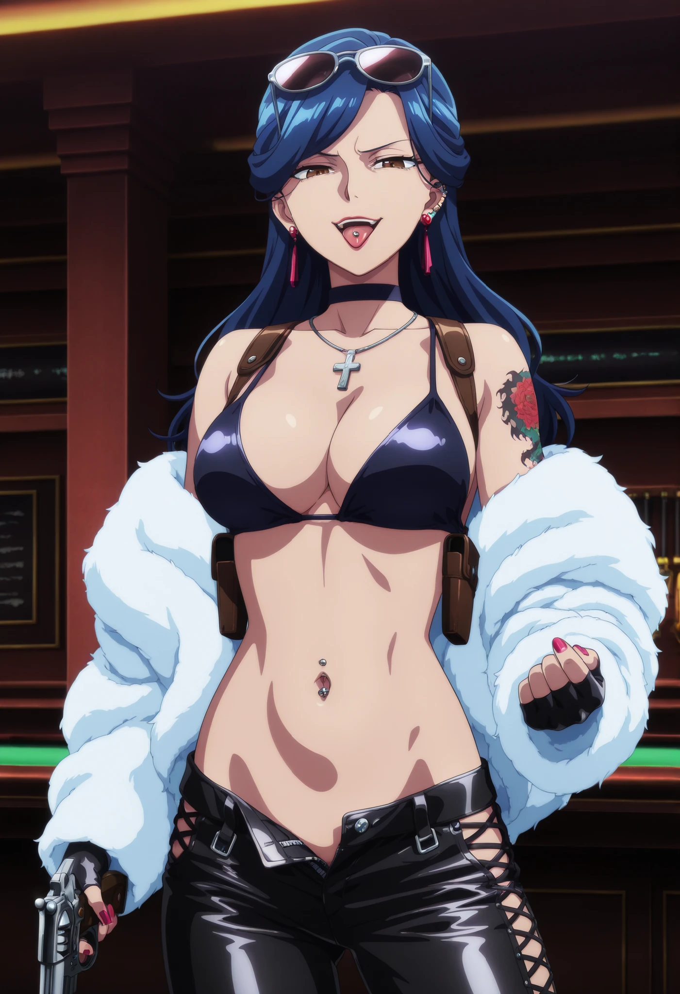 1girl,solo,mm,mature female,earrings,brown eyes,blue hair,lipstick, swept bangs,
necklace,,, open mouth, cowboy shot, ,nail polish, , ear piercing , long hair , , lipstick , Hot girl , baddie , smoking , sensual , attractive , cross necklace , choker , jewelry , bar background, inside bar ,indoors, , casino, , fur jacket , bare shoulders , white fur , , , leather pants , dark brown , fur , side inserts , belt , weapon holder , weapon , fingerless gloves , leather , forearms , sword , short , strapped , belt , cowboy shot , masterpiece , best quality , highly detailed , a girls with a gun , evil smile , open mouth , sexy gaze , badass pose , evil smile , smile , (nsfw) not safe for work , guns blazing , anime girl with long hair , beautiful long haired girl , navel , evil expression , exposed belly , exposed navel , exposed midriff , exposed lower belly , long black pants , cleavage , unbuttoned leather pants , open fly , low rise black leather pants , leather jacket , holding a gun , holding pistol , unbuttoned shirt , collared shirt , knot , pull_down leather pants , (show off panties , :1 . 2 , no panties) , pull_down long black pants , pull_down black leather pants , zip up leather jacket , bikini top , navel piercing , cross-laced slit , tongue piercing , tongue out , open mouth , clitoris piercing ,, , shoulder holster,, sunglasses on head, medium large Breasts, dragon tattoo on waist, narrowed eyes, tattoo on waist,, anipai_style , anime screencap , anime coloring,,