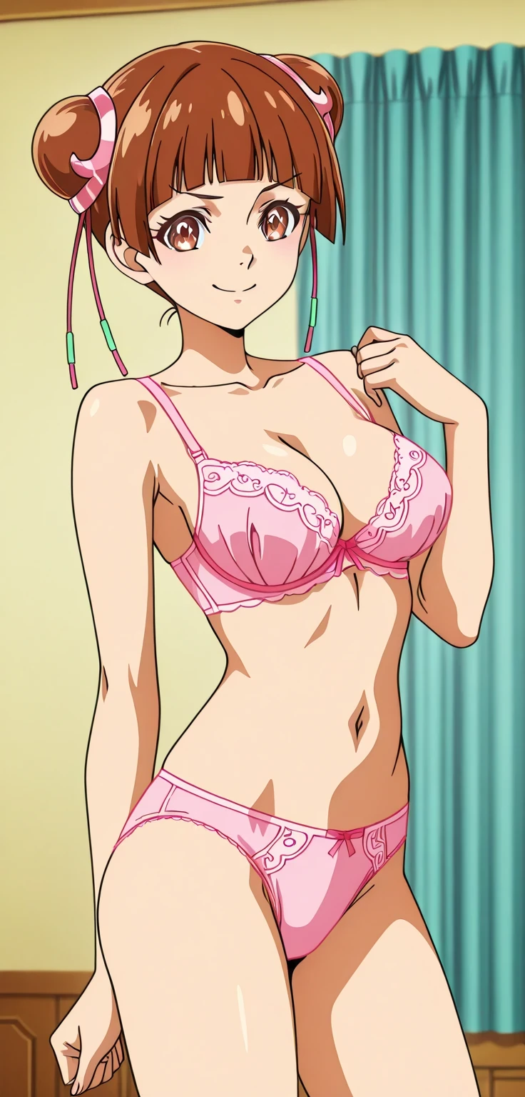 score 9、score 8 up、score 7 up、source anime、傑作、best quality、best resolution、best image quality、anime coloring、1girl、Xiaoling、anime coloring、cartoon、official anime style、brown hair、short hair、brown eyes、blunt bangs、hair pin、hair bun、double bun、official anime artwork、 A cheerful smile、indoors、r /art, r/art, r / art、pink underwear、pink bra、pink panty、pink lingerie、big breasts、cleavage、medium breasts、navel、midriff、stomach、collarbone、trapezius、standing、detailed fanart、commission for high res、oc commission、アニメ風、14 years old、クリーンな anime outline、anime screencap、anime screenshot、フラットなアニメスタイルのシェーディング、high quality fanart、bra with an pink、panty with an pink、lingerie with an pink、魅惑的なアニメの女の子、looking at viewer、cowboy shot、female focus、bra and  only、