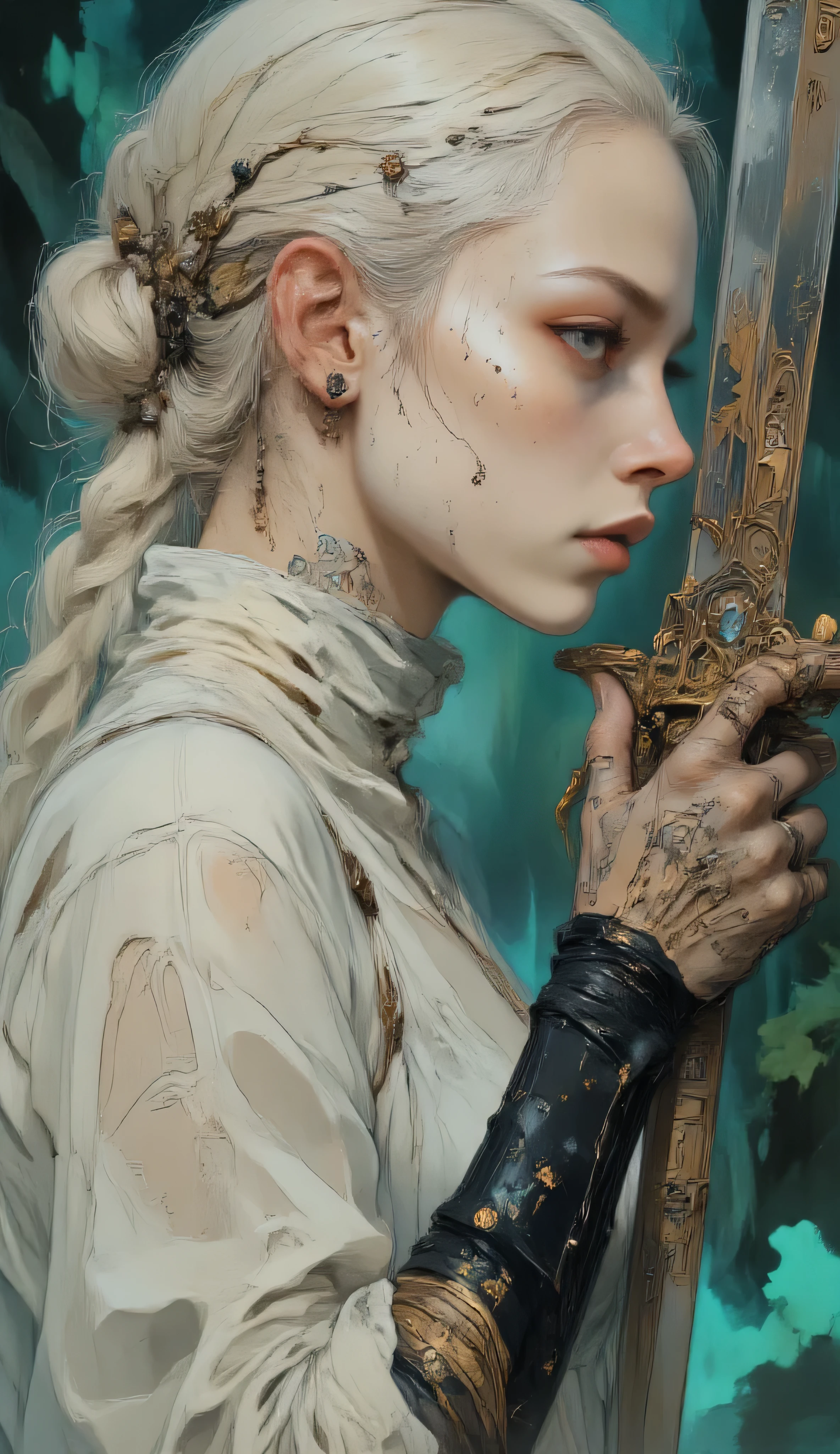 {((masterpiece, highest quality)), ((best quality, ultra-detailed, intricate details)), 8k, cinematic, raw photo, photorealistic, HDR, ray tracing, studio lighting, soft diffused light, volumetric light, painted, watercolor touch, pictorial, high definition, detailed face, perfect anatomy, high contrast}
Close-up (half-bust) of an ethereal and powerful fantasy warrior woman, pale skin, white braided hair. Her face and body are adorned with intricate light gray tribal/symbolic tattoos that almost blend into her diaphanous skin, suggesting a mystical/magical connection. Intense, determined eyes conveying strength and wisdom.
She wears a flowing, light white, transparent dress elegantly draped. Details of thin golden chains function as decorative and functional armor elements. Black fingerless sleeves cover her forearms, providing a strong color contrast and practical look.
Wielding an ancient, extremely-detailed sword in her right hand. The blade is translucent/magical material, reflecting an ethereal light. The pose is a defense/preparation for attack stance, suggesting a skilled fighter ready for action.
Intentionally blurry and hazy background with stylized green and blue tones (mystical forest or ethereal sky). The soft and diffused lighting creates a dreamlike, magical atmosphere