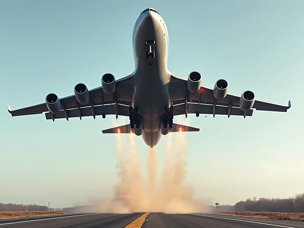  IL-76 aircraft takes off from the runway. Viewed diagonally from below. The aircraft's takeoff lights are on. A powerful image. 