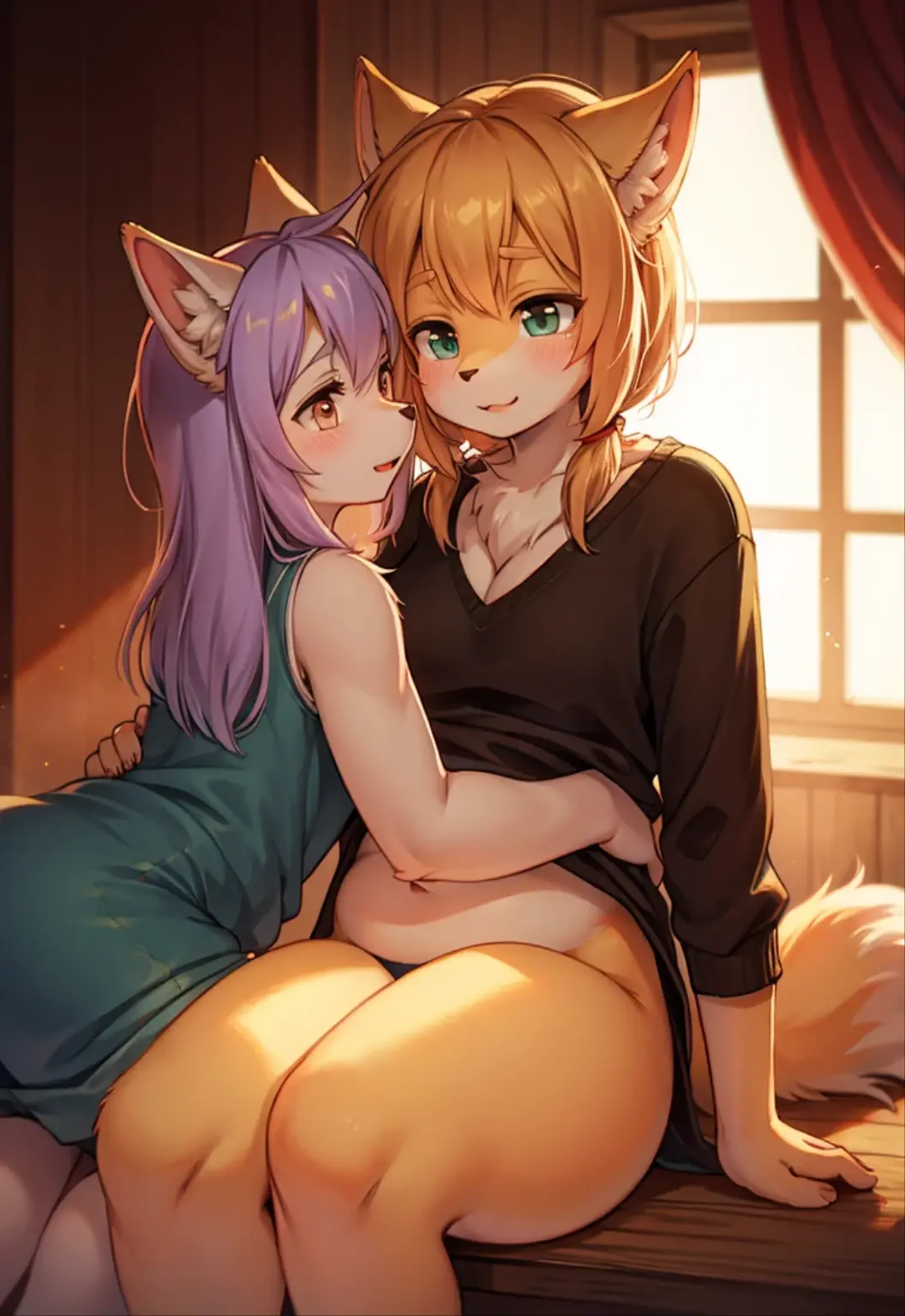 furry, any fur color, ultra cute face, any fur patterns and markings, glowing hoodie and shorts, beautiful lights and shadows, ambient light, ultra detailed fur, volumetric light, massive ??????? and ???? and ????, any pose doing anything, undersized outfit, bedroom, full face blush, dressing or ??????????, 2girls, 1 wolf and 1 cat, night, at bed
