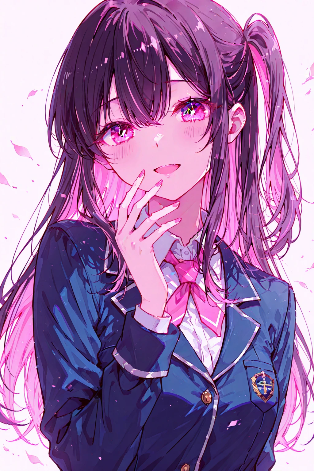 ​masterpiece, beste-Qualit, ultra-detailliert, illustratio, portraitures, Shines, 1girl in, A dark-haired, Light blue eyes,Light black hair, length hair, High school students, uniformss,inner colored, Pink Tips, The shirt, dress shirt