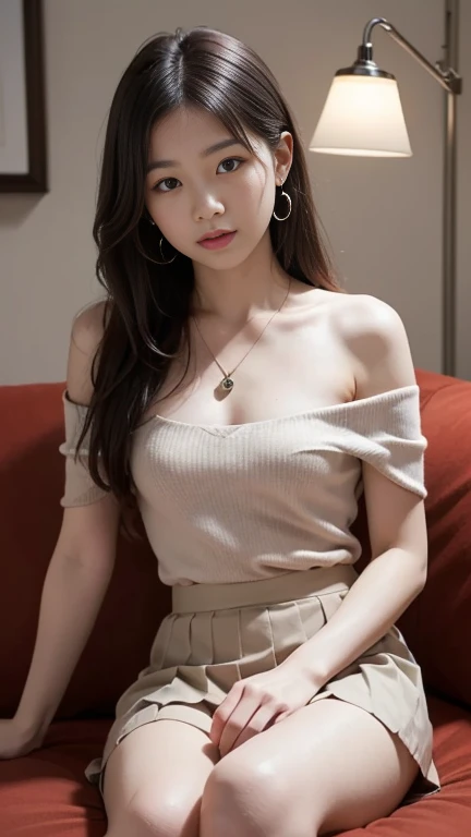 Masterpiece, Ultra-realistic quality, (1 girl), (Young woman), Chinese girl, (Mature face), face clean, Realistic face, (Perfect face), Delicate face, Fair skin, sitting in the couch, Long legs, (curly), Short hair, Brown hair, with hands resting on knees, Sling, , (average ) ,( exposed), No panties, (( Minola)),(has cleavage), Mini dress, (White skirt) HD quality, Realistic picture quality, Real Human, Long legs, Ultra HD rendering, Accurate, Textured skin, High detail, High quality, Very detailed, high resolution, 8K, Photo, Photography, ridiculous