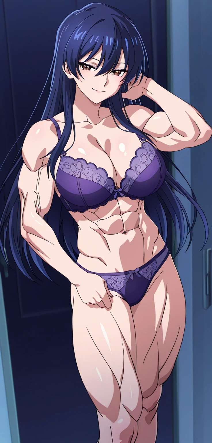 score 9、score 8 up、score 7 up、source anime、傑作、best quality、best resolution、best image quality、anime coloring、official anime style、1woman、kyouko、seductive anime woman、solo、navy blue  hair、long hair、Hair between the eyes、brown eyes、Nihilistic smile、light smile、purple underwear、purple bra、purple panty、purple lingerie、big breasts、large breast、cleavage、very large breasts、large boobs、large tits、navel、midriff、stomach、collarbone、abs、biceps、biceps long head、biceps short head、triceps、triceps medial head、triceps long head、triceps lateral head、trapezius、deltoids、anterior deltoids、middle deltoids、posterior deltoids、thigh muscles、semitendinosus muscles、hamstrings、adductor magnus muscles、strong muscles、toned body、muscular and strong、official anime artwork、sexy bra、sexy panty、sexy lingerie、attractive anime woman、(anime woman)、anime woman、sexy anime woman、16 years old、anime best woman、lewd anime woman、standing、official anime art、seductive anime woman、beautiful anime woman、high quality animeart、bra with an purple、bare shoulders、bare arms、bare crotch、bare thighs、bare legs、panty with an purple、lingerie with an purple、looking at viewer、cowboy shot、female focus、bra and  only、indoor、