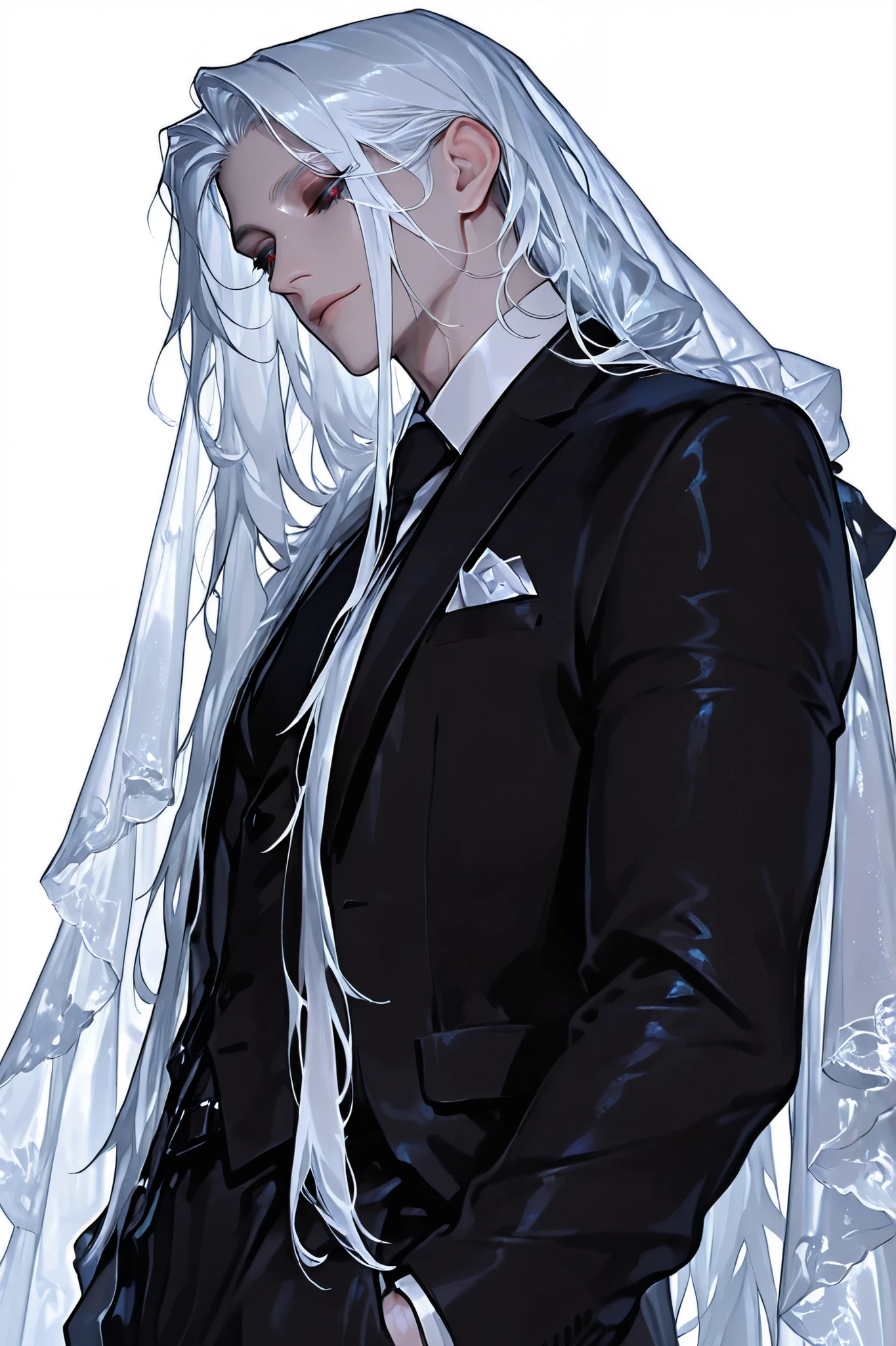 (Masterpiece Level:1.2, Highest Quality),
(Meticulously Detailed CG, Ultra-Detailed),
(Extremely Detailed and Beautiful:1.1), (Perfect detail:1.1), cowboy shot,
Solo, Only one boy, (white translucent veil:1.2, (black Sclera. white pupils, stardust pupils)), detailed face, very long white hair, black suit, head slightly lowered, looking down gently, subtle smile,
from side, white background, gentle atmosphere