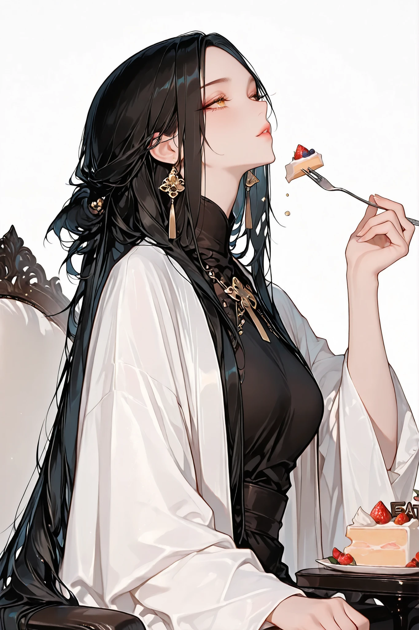 (Masterpiece Level:1.2, Highest Quality),
(Meticulously Detailed CG, Ultra-Detailed),
(Extremely Detailed and Beautiful:1.1), (Perfect detail:1.1),
Solo, Only one girl, elegant female posture,
very long hair, black hair, no bangs:1.2, soft droopy eyebrows, gold eyes, beautiful and delicate eyes, white open robe with wide sleeves, black shirts, from side, eat cake, fork, white background