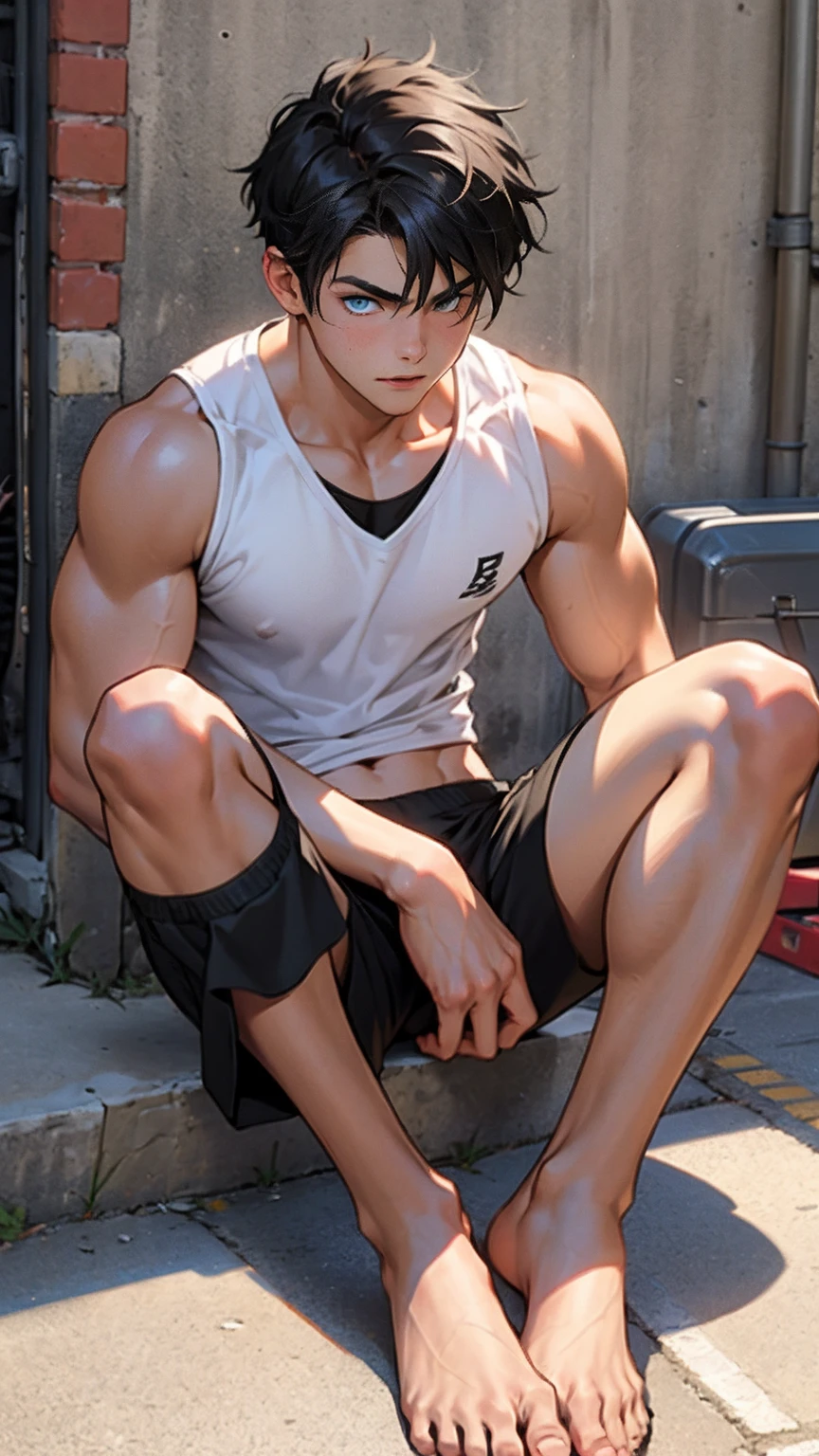Ultra-realistic CG K ,((premium、8k、32k、Masterpiece、NFFSW:1.3)), (superfine illustration)、(super high resolution), (((adult body))), (((1 young man masculine features:1.5))), ((( modern short hair))), 25 year old cyberpunk gladiator with perfect body, Shoulder pads with metal spikes., Gladiadores in Brooklyn, (( short hair bob )), Torn rugby team t-shirt, wild urban style by Simon Bisley, short brown hair, sportswear:1.3, Metallic protection on the left arm with complex graphics....., Dark red with white stars and blue and white stripes.,(( sensual elegant pose:1.5)), armor, Full of spikes and rivets., poison tattoo (((Image from the knee up))), short brown hair, In the background、 There is a wall with an intricate design painted by Shepard Fairey.....