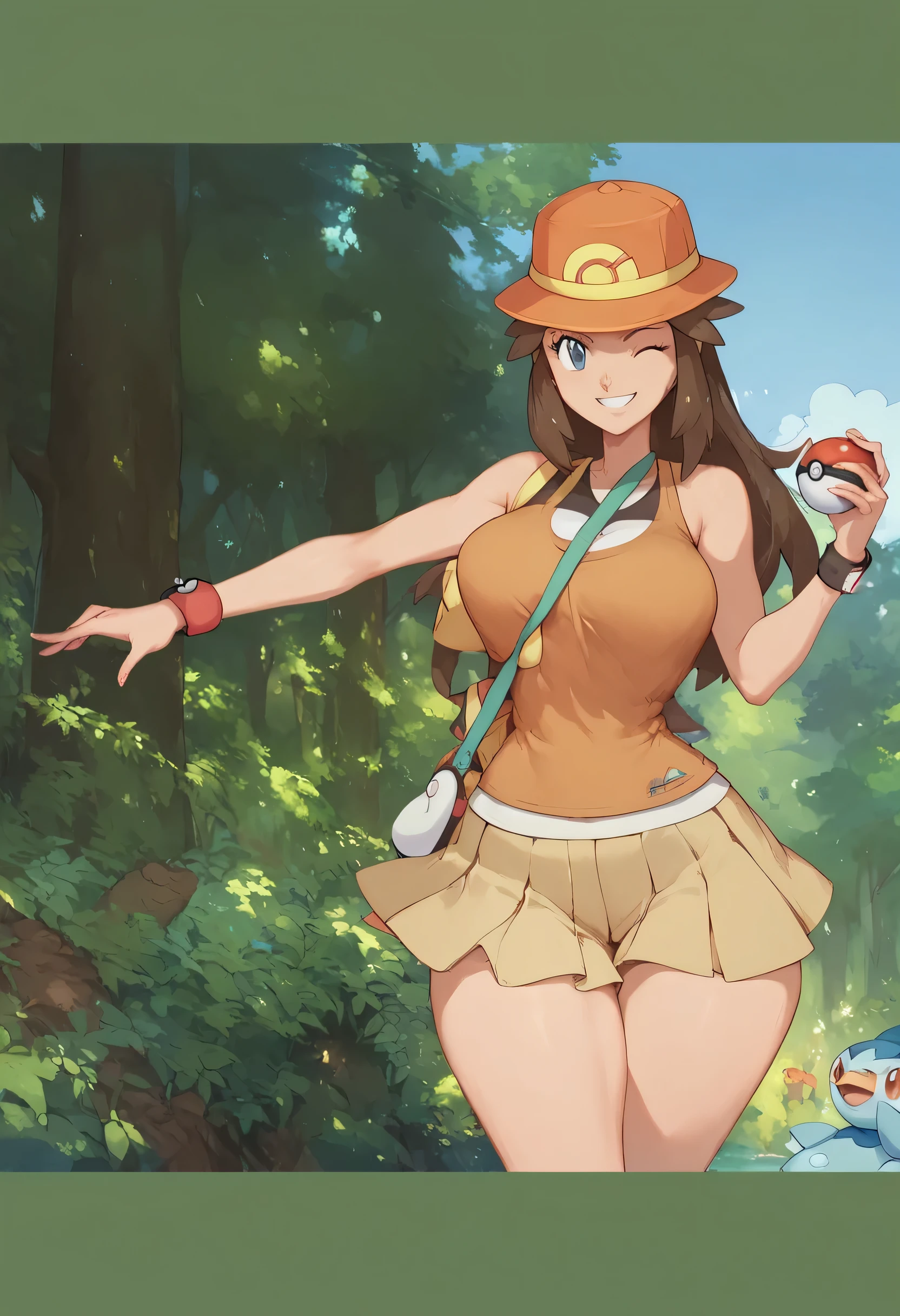 Pokemon trainer leaf, long hair, hourglass body, pokemon anime, brown tank top, tan pleated miniskirt, shoulder bag, sleeveless, wide hips, tiny waist, holding a pokeball, smiling, winking, cowboy shot, forest setting