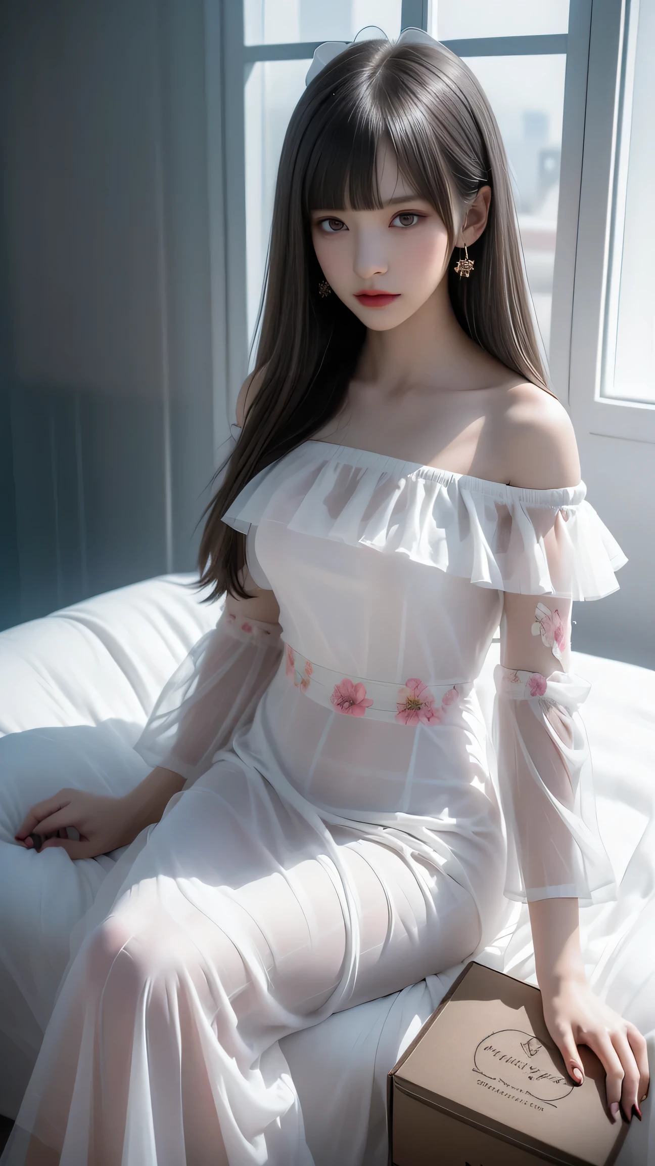 see-through, shoulders, ((Large Breasts)), ((D cup)), Visible cleavage，Highly detailed face and skin texture，(( shoulder)), Double eyelids，Skin Whitening，Long hair，Whitening long legs，Standing by the sea, Fashion Girl, Red lips, Sweet Girl, Beautiful makeup, detail, lifelike, Very detailed, Astonishing, beautiful, Young and energetic, high quality，HD, Colorful， Beautifully, Smooth skin, The skirt is very short, Official Art, Extremely detailed, Movie atmosphere, Soft colors, Natural skin texture, Random scene, random shooting Angle, Black over-the-knee socks, lace hem