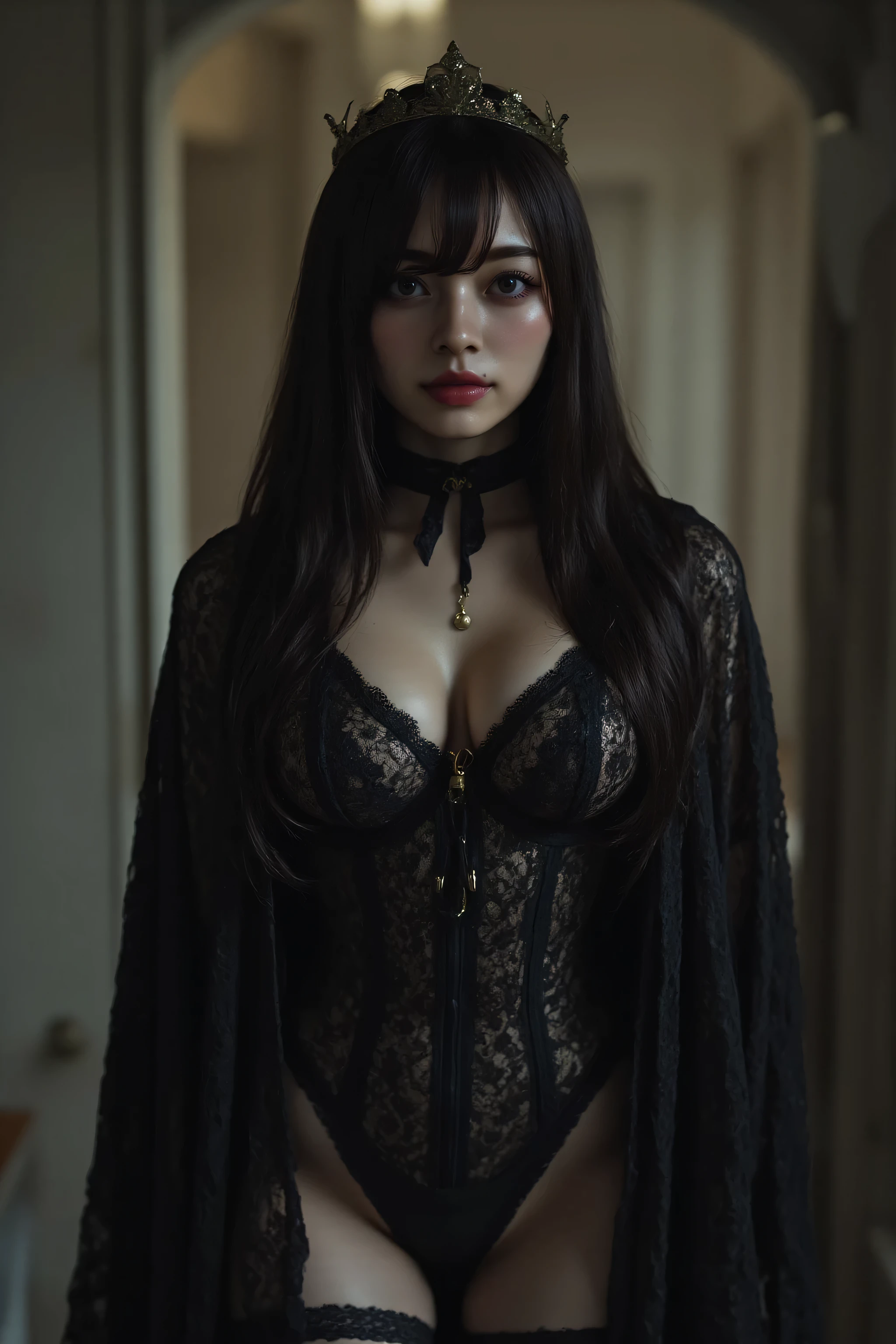 (((On the top floor of the Dark Castle:2.0))),((Night sky with constellations:2.0)),(((Gothic, dark horror atmosphere:2.0))),standing in the teacher's house,One female ghost,((super cute face taking a feather:2.0)),(Beautiful well-balanced face :2.0),((long hair with bangs:2.0)),(black hair with waves:1.5),(beautiful eyes:1.5),blade runner style lighting,Beautiful Slender Body,((model body type:2.0)),((slim body:1.7)),perfect body line,Ideal Proportions,((big breasts:2.0)),((スリーサイズ90-58-86:2.0)),((G-cup breasts:2.0)),Big Breasts,((((Underboob:2.0)))),Bare thighs,sensual thighs,delicate body,(muscular:1.7),natural posture,((Realistic breast depiction :1.7)),((carefully depicts limbs based on perfect anatomy:2.0)),((Carefully depict the fingers based on perfect anatomy:2.0)),((super high-leg leotard in the style of the king of darkness with a copper sword:2.0)),((Fitted Lace Ultra High Leg Leotard:2.0)),((A long embroidered cloak with an open front over a hi-leg leotard:2.0)),(Black lipstick:2.0),((Wear a black lace short veil over your head:2.0)),((((thick fishnet tights:2.0)))),(((Copper Crown:2.0))),concept art,(Highest Quality:2.0),(masterpiece:2.0),((超high resolution:2.0)),high resolution,UHD,(delicate depiction),carefully drawn,32k,((realistic skin texture:1.5)),(((super realistic:1.5))),carefully drawn eyelashes,very detailed faces,highly detailed female hands, Sexy appearance ,very sensual,(Blurry, dim background:1.5),professional photo shoot,(Movie Lights:2.0),((Rembrandt Style Lighting:2.0)