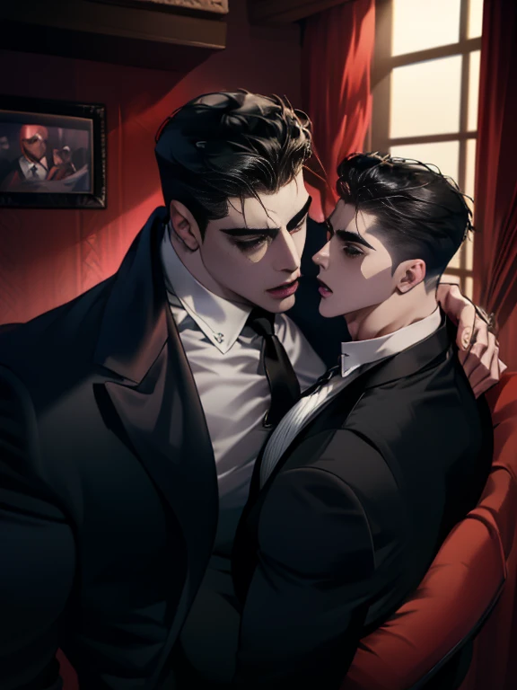 ((One young man with a black suit and tie)), gotham, alejandro, (((side swept dark short hair))), (dark green eyes and thick eyebrows), smirk, ((20 years old)), ((masterpiece)), posture dynamic, ((cinematic lighting)), (height tall around 5 foot 6), sitting on the chair