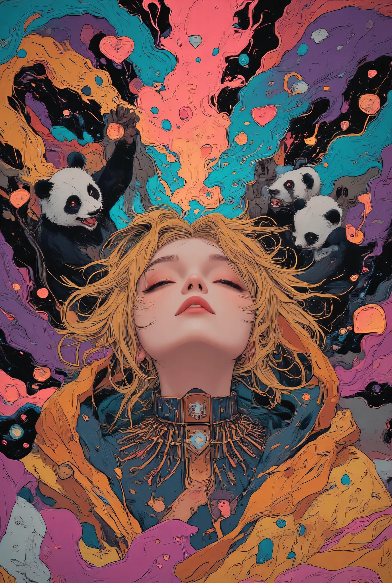 black metal、abstract geometric shapes, colorful shiny viscous liquid、Japanese female idol wearing colorful idol costumes with intricate details、pandas spin happily while holding hands、smiling face、hearts and star signs pop out like a fountain from below、High quality aviation,4K,realistic,フォトrealistic,professional,extreme details,excellent color ,Bokeh,portrait of a woman,anime style,bright color,fun atmosphere,fantasy taken with a Nikon Z7 II mirrorless camera,nature,realistic,3D Rendering、 spike collar
