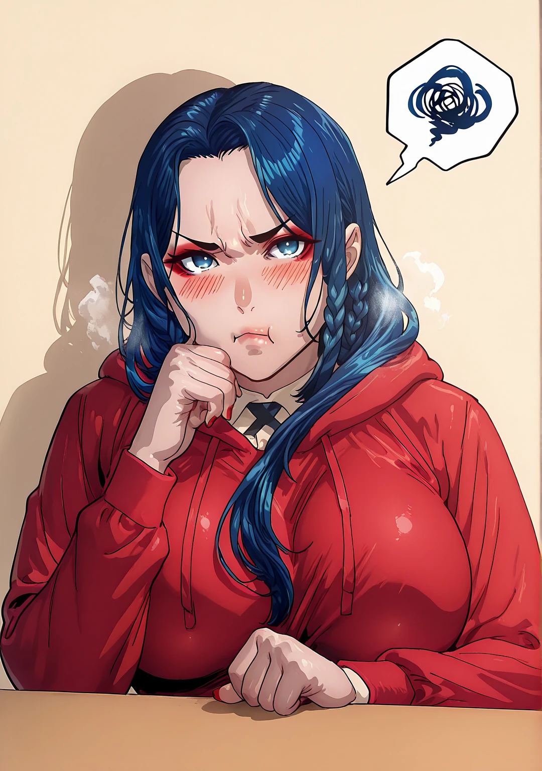 Hgk, (yoshio_(55level)-style:1.2), (imizu_(nitro_unknown)-style:1.4), (cirenk-style:1.2), (oosawara_sadao-style:1.4), (osiimi-style), ((anatomical correct)), ((Cinematic, unreal engine, eye-catching, ambient occlusion, UHD, masterpiece)), ((perfect lighting, soft shadow)), perfect body, perfect eyes, perfect fingers, gasping, heavy breathing, gasping profusely, ((skindentation)), ((curvy)), miyoinbami, 1girl, pale skin, long hair, hair slicked back, ((dark-blue hair)), blue eyes, red eyeshadow, medium breasts, red nails,, plump, (mature female:1.5), 1girl, squiggle, spoken_squiggle, solo, glasses, pout, braid, yellow_background, blush, hoodie, looking_at_viewer, hood, simple_background, upper_body, :t,