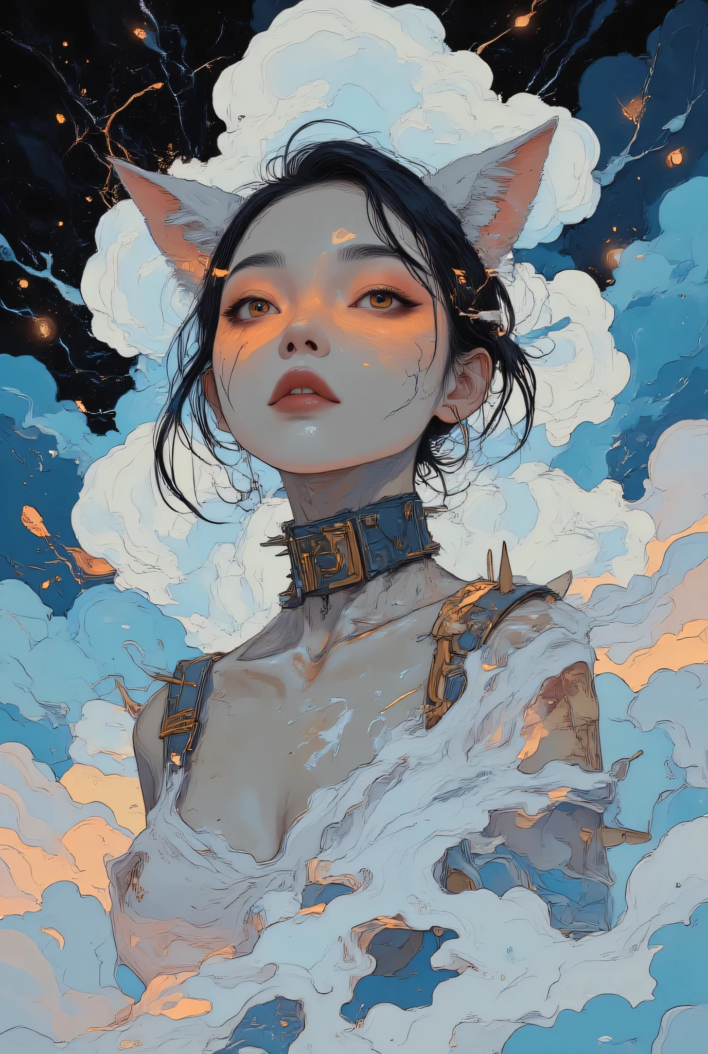 black metal、abstract geometric shapes, colorful shiny viscous liquid、cute plump cat in an enigmatic pose wrapped in white clouds,Wrapped in white clouds , filling the air with fantastic light. ,extreme details,excellent color ,Bokeh,portrait of a woman,anime style,bright color,fun atmosphere,fantasy shot with Nikon Z7 II mirrorless camera,nature,realistic,3D Rendering、 spike collar