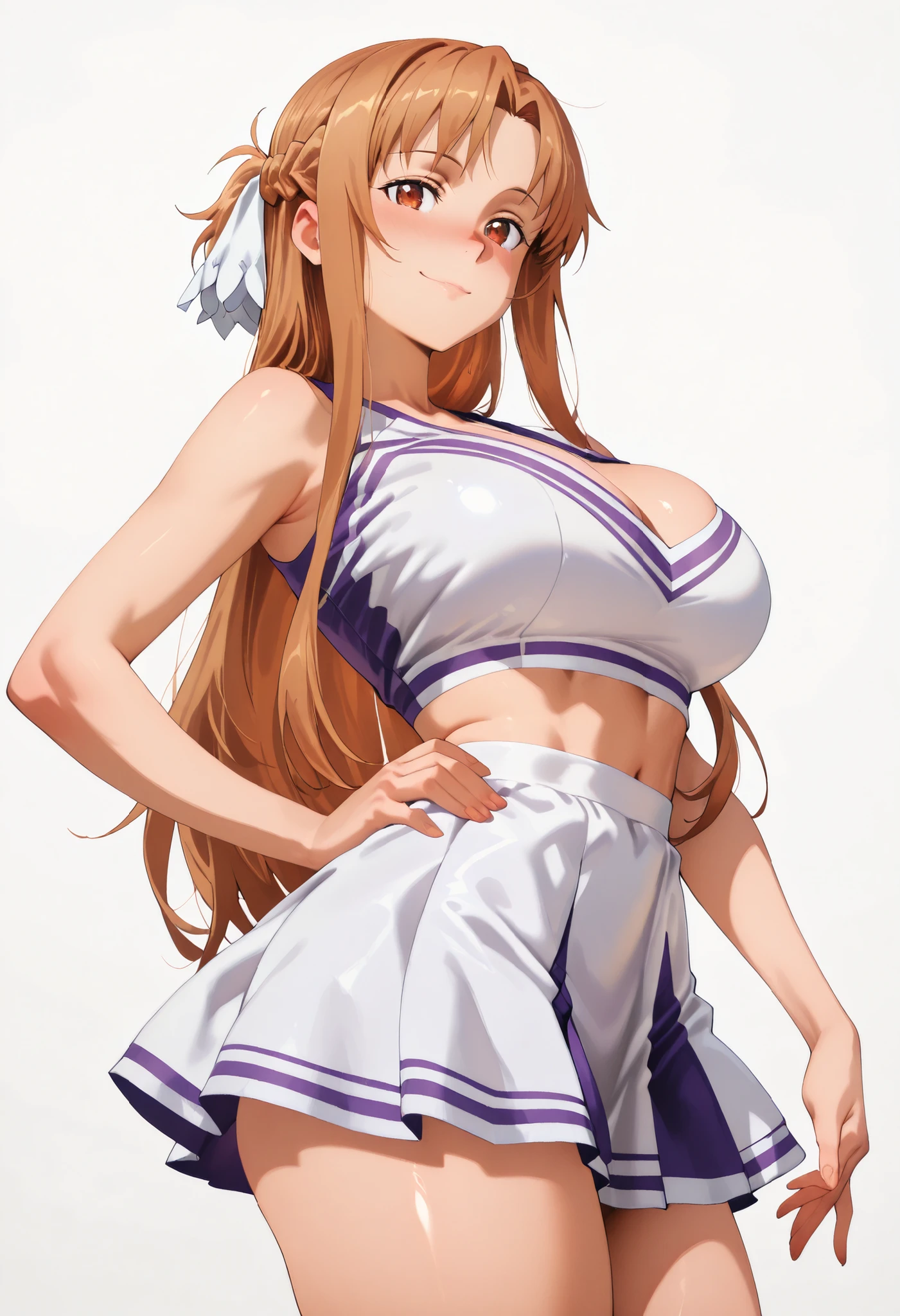room, Score_9, score_8_up, score_7_up, score_6_up, source_anime, rating:general, 1girl, from below, front view, beautiful woman, mature, beautiful body,, curvy, thick thighs, white skin, standing, hand on hip, looking at viewer, smile, closed mouth, waiting for sex, random sexy pose, slut, 1 girl, Asuna Stacia \(sword art online\), long hair, looking at viewer,, , solo,, large breasts, big ass, thick thigs, wide hips, slim waist, mature body, nose blush,, looking at viewer, nice legs, legs, standing, solo, female, shiny skin, shiny hair, shiny body, clear body,,, cowboy shot ,,,, ,,,, , looking at viewer, NOSE BLUSH,,wide hips, slim waist,, CLEAVAGE, shiny skin, shiny hair, shiny body, clear body, , solo, STANDING, POSING, thick thighs, thighs, solo, standing, POSING,, perfect eyes, white background, empty background, distinc shadows, solo, large breasts, thick thigh, dynamic pose, navel ,midriff,,, LOOKING AT VIEWER, WHITE BACKGROUND, EMPTY BACKGROUND, soft smile,, DYNAMIC POSE, view from side, side pose,,,,,cheerleader,,,cheerleader,,,cheerleader,,cheerleader,,cheerleader,,cheerleader,,,cheerleader,,cheerleader,,cheerleader,,cheerleader,,,cheerleader,cheerleader,cheerleader,cheerleader