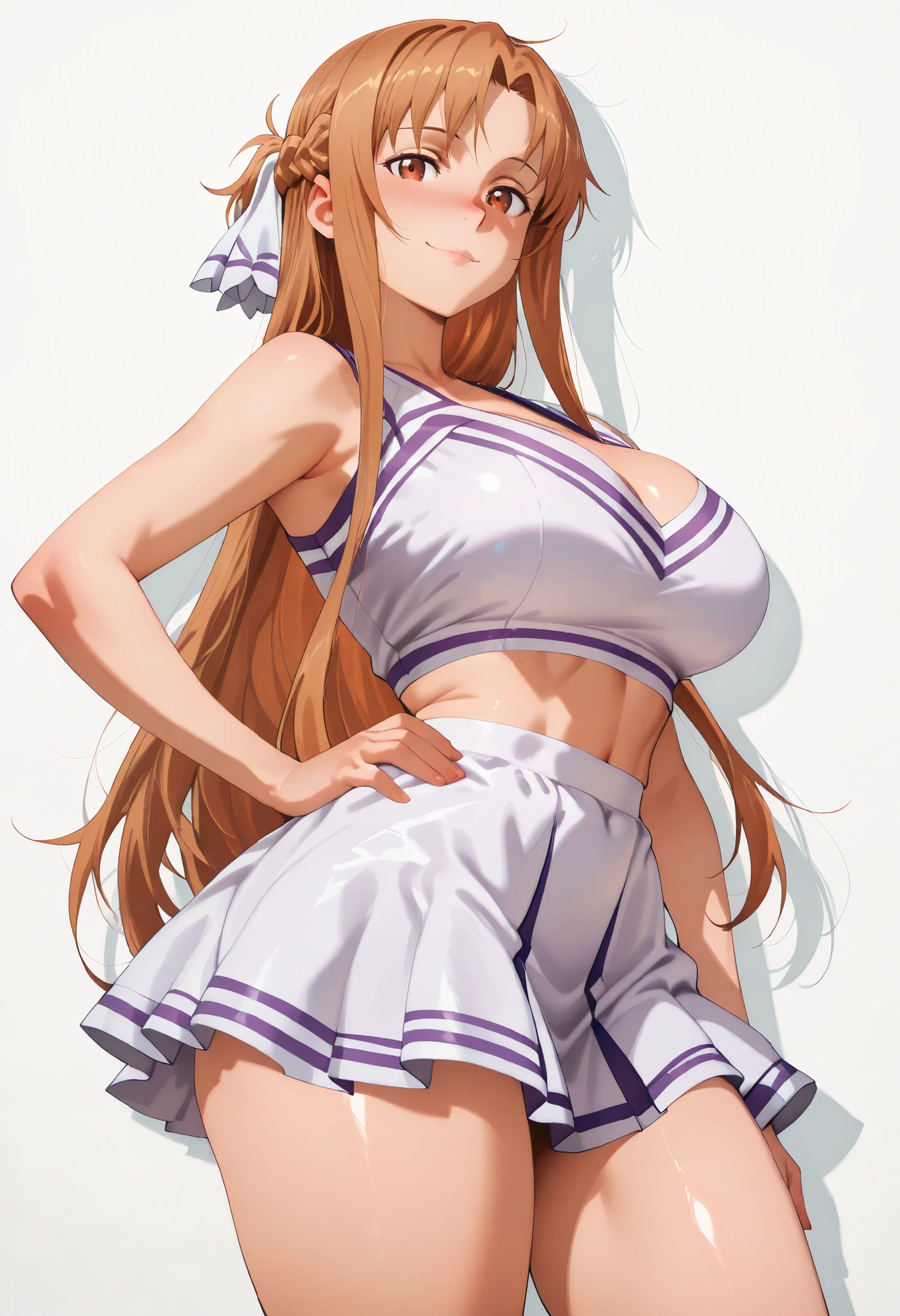 room, Score_9, score_8_up, score_7_up, score_6_up, source_anime, rating:general, 1girl, from below, front view, beautiful woman, mature, beautiful body,, curvy, thick thighs, white skin, standing, hand on hip, looking at viewer, smile, closed mouth, waiting for sex, random sexy pose, slut, 1 girl, Asuna Stacia \(sword art online\), long hair, looking at viewer,, , solo,, large breasts, big ass, thick thigs, wide hips, slim waist, mature body, nose blush,, looking at viewer, nice legs, legs, standing, solo, female, shiny skin, shiny hair, shiny body, clear body,,, cowboy shot ,,,, ,,,, , looking at viewer, NOSE BLUSH,,wide hips, slim waist,, CLEAVAGE, shiny skin, shiny hair, shiny body, clear body, , solo, STANDING, POSING, thick thighs, thighs, solo, standing, POSING,, perfect eyes, white background, empty background, distinc shadows, solo, large breasts, thick thigh, dynamic pose, navel ,midriff,,, LOOKING AT VIEWER, WHITE BACKGROUND, EMPTY BACKGROUND, soft smile,, DYNAMIC POSE, view from side, side pose,,,,,cheerleader,,,cheerleader,,,cheerleader,,cheerleader,,cheerleader,,cheerleader,,,cheerleader,,cheerleader,,cheerleader,,cheerleader,,,cheerleader,cheerleader,cheerleader,cheerleader