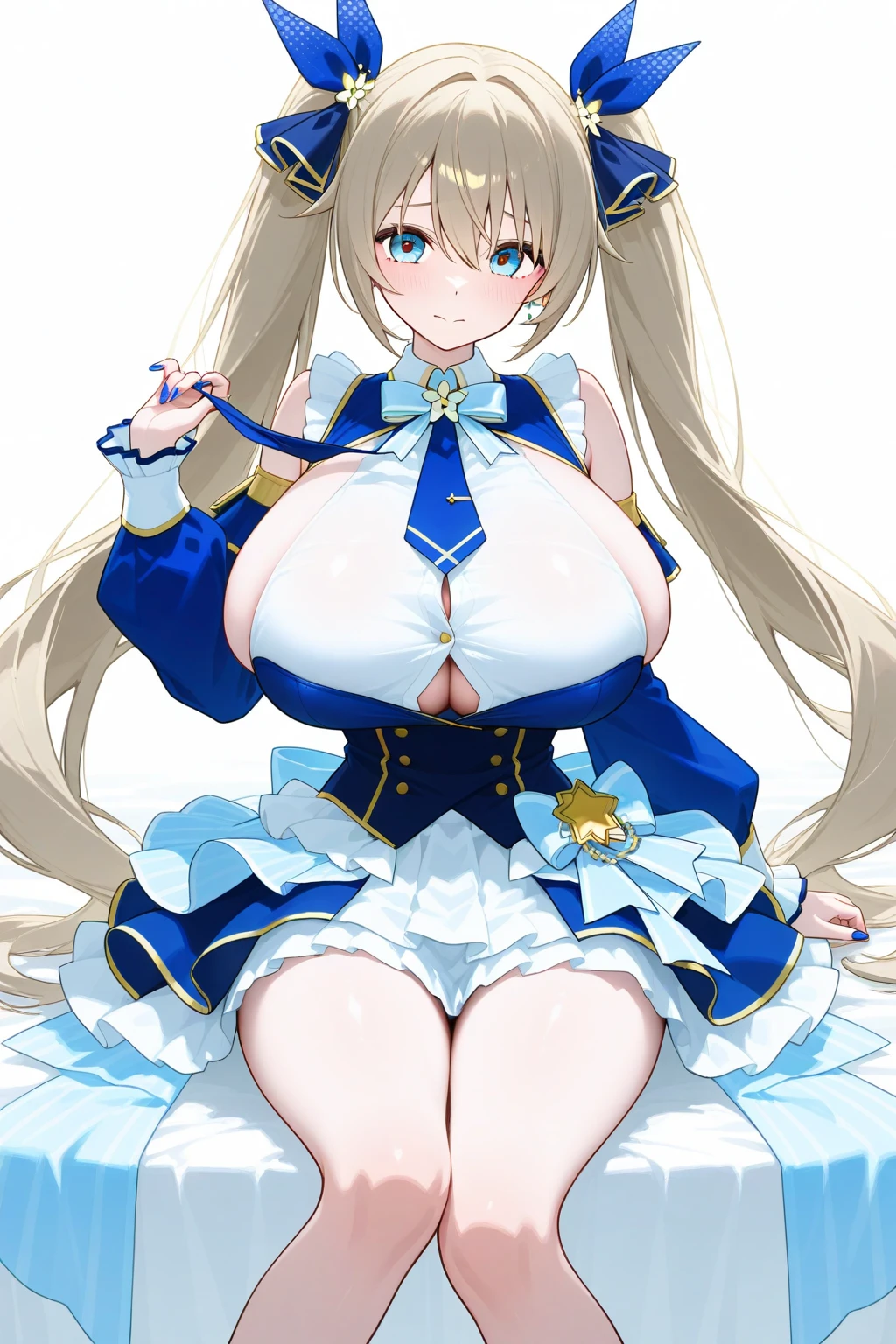 blonde hair, blue eyes, twintails, bangs, long hair, drill hair, blush, white headwear, hair ornament，tmasterpiece，The   exposed  ，（Surreal breasttremely full ）），（（Super large））， Thin waist，（（（Extremely ））），seductiv，High detail，hyper qualit，high resolution，8K，8k smooth，(reality: 1.2)，(Highly realistic, Ultra-realistic, photograph realistic)，(Realism: 1.2)，Solo，(Perfect feminine curveig :2)，(:2)，(gigantic cleavage :2)，(:2)，( :1.4)，(chiseled abs : 1.1)，Nice strong legs，(Curvy:1.1)，Narrow waist，(gigantic hip:1)，(Thick thighs:1)，(Thick legs:1)
