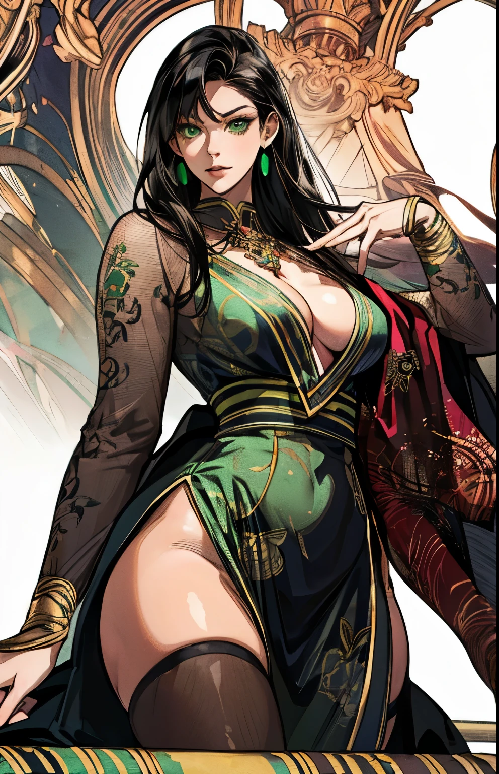 beautiful woman, (((Change the color of the costume to green))), (((black hair))), hair jewelry